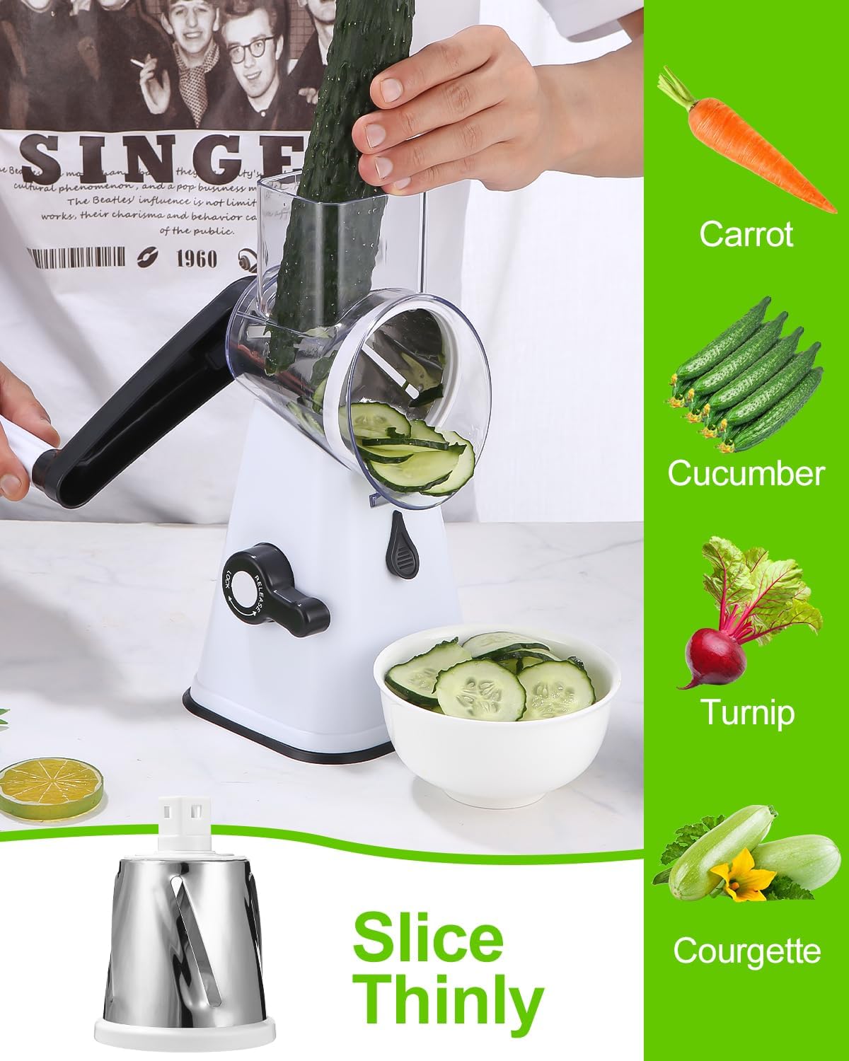 Cheese Grater with Crank, Grater for Vegetables with 3 Drum Blades, Drum Grater, Rotary Cheese Grater Chopper and Easy Cutting, Vegetable Slicer, Ideal for Cheese, Cucumbers, Carrots, Nuts image 4
