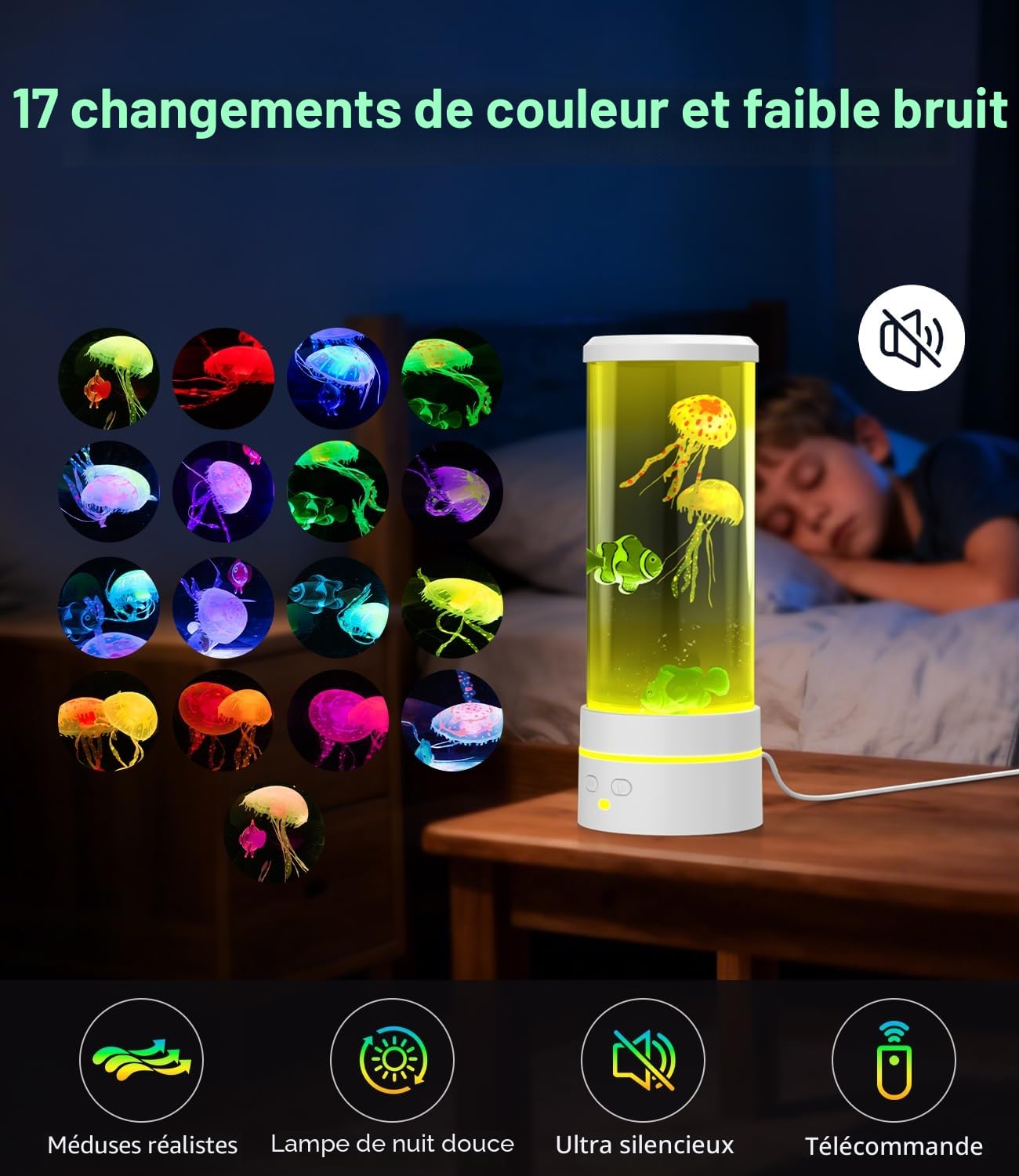 Lampe Méduse Télécommande 28cm - 17 Couleurs RGB, Mode Changement Auto, Veilleuse Enfant Adulte, Lampe à Lave Bubble Magique pour Chambre, Nursery & Détente