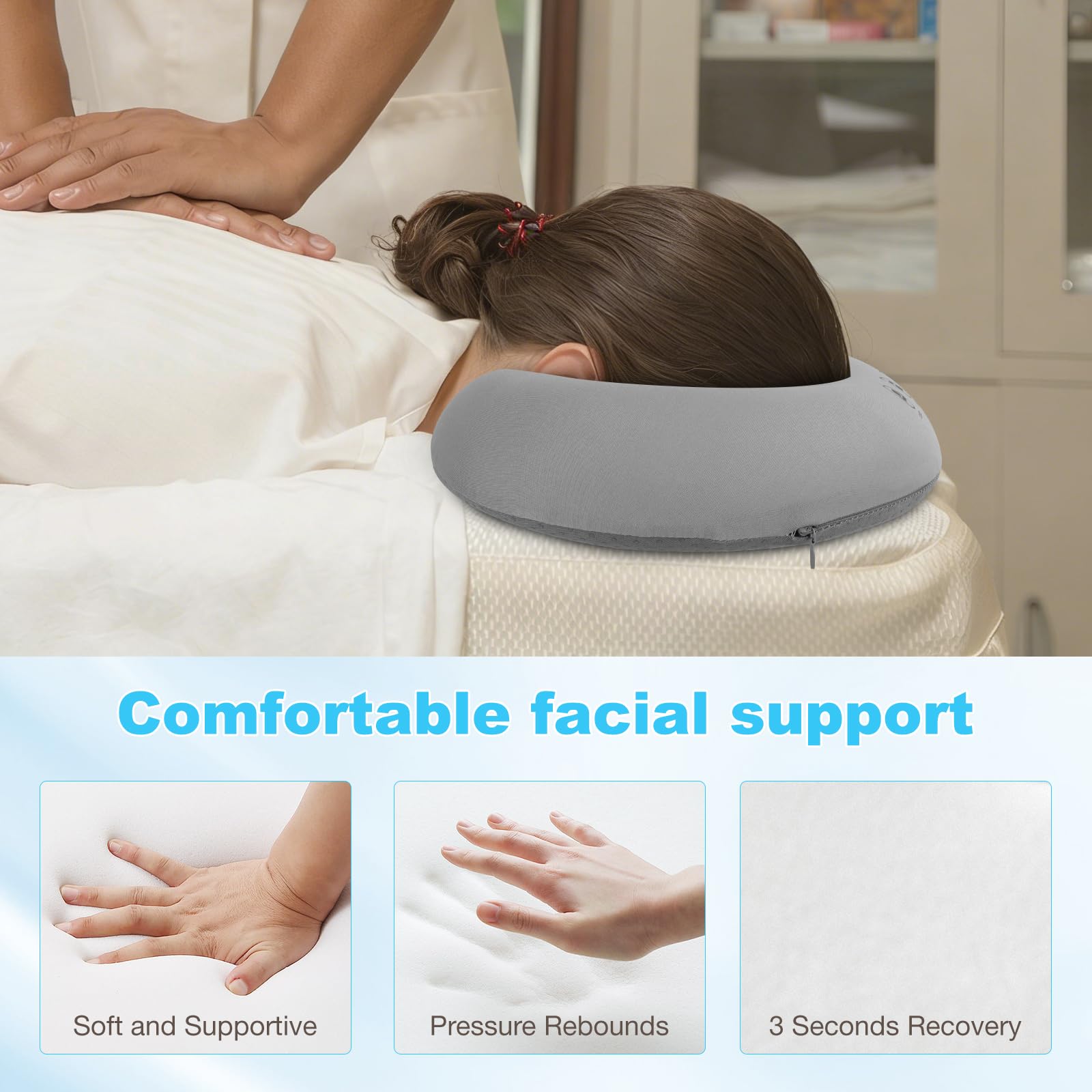 Foreverup Cuscino Per Massaggio Con Foro Per Il Viso - Memory Foam, Ergonomico, Traspirante, 26x13x6 Cm, Per Lettini Estetica, Spa, Ufficio, Grigio
