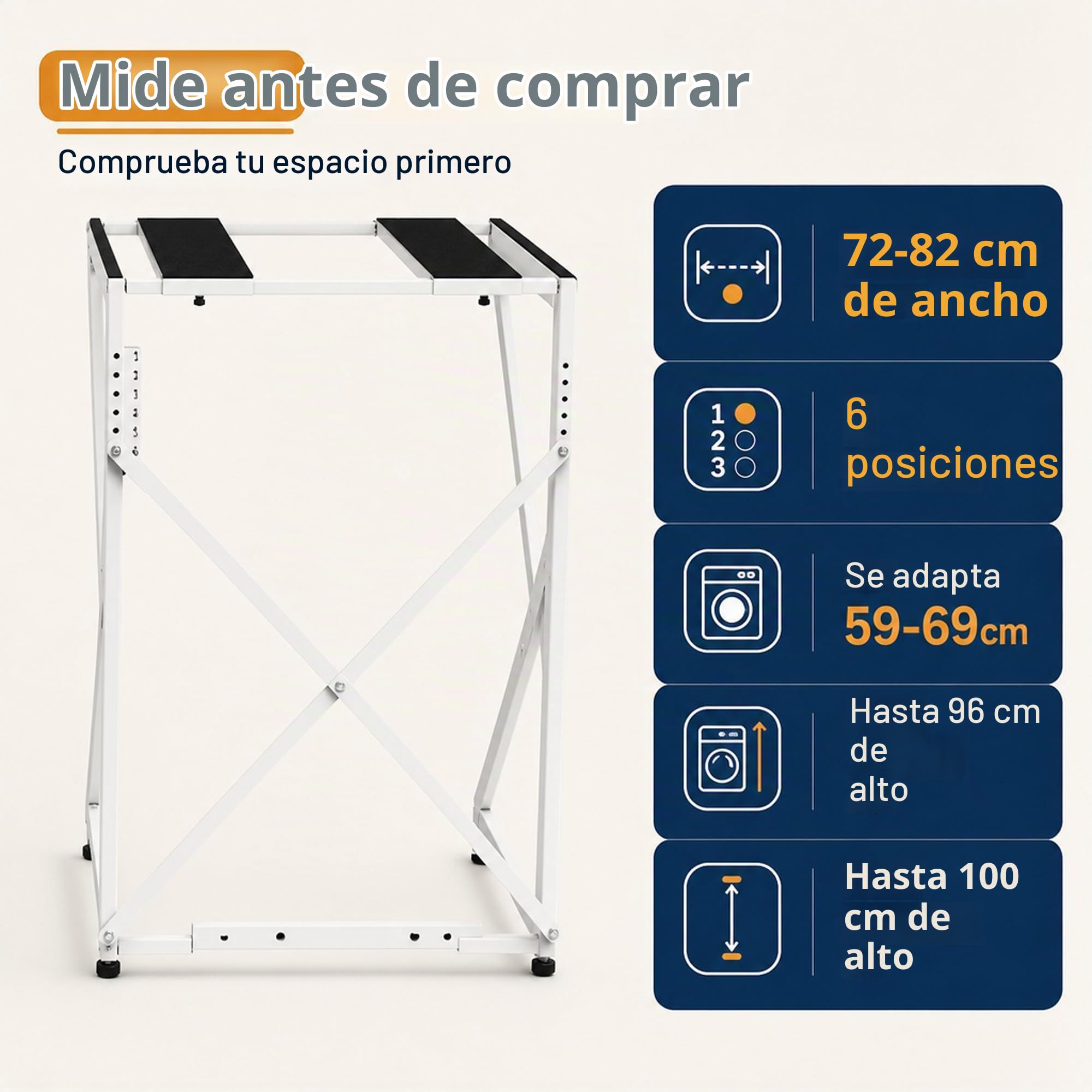 Maxi – Kit apilable universal para lavadora y secadora | Estructura ajustable (72–82 cm), Capacidad 100 kg | Sin taladros, Antivibración, Ahorro de espacio