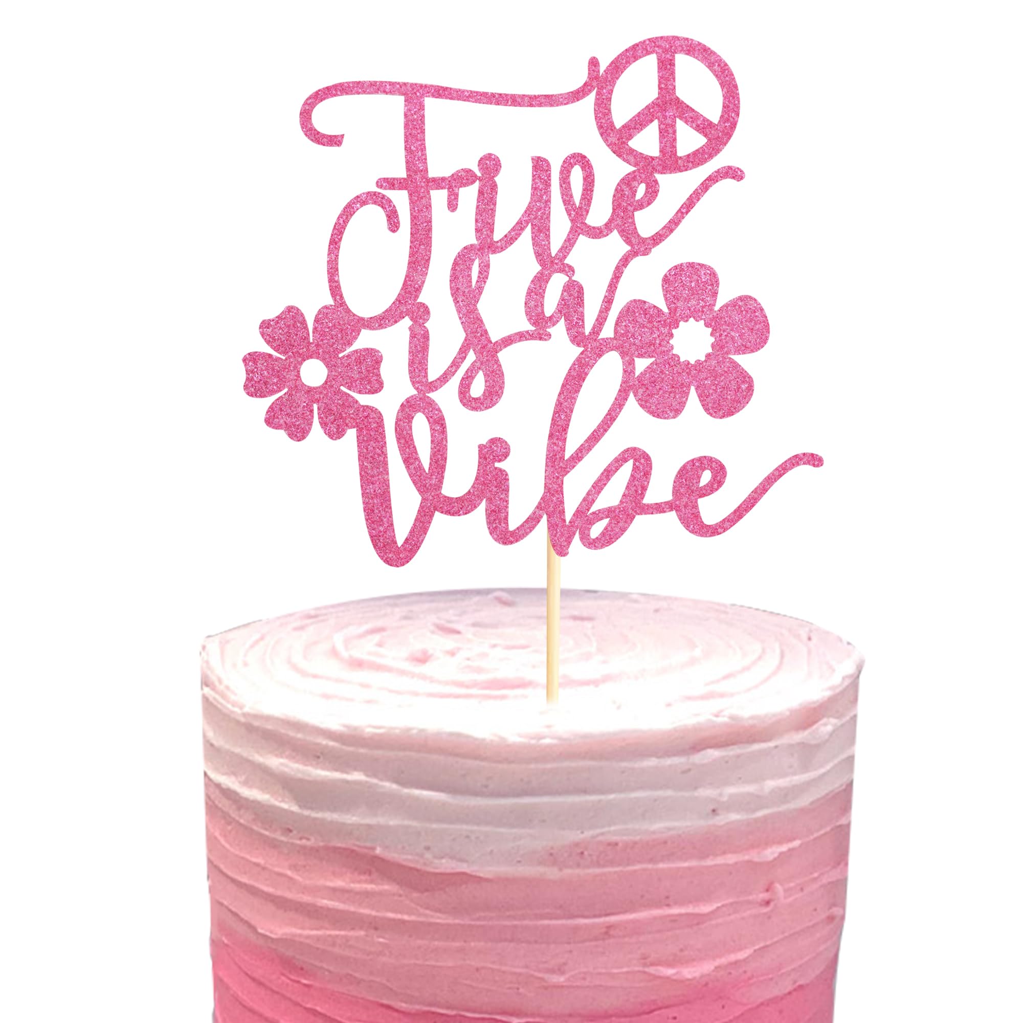 Arthsdite Five is a Vibe Cake Topper, Happy 5th Birthday Party Boy Girl Decorations, Retro Groovy Cake Topper, Hi Five Years Old Party Decoration Supplies - Pink Glitter