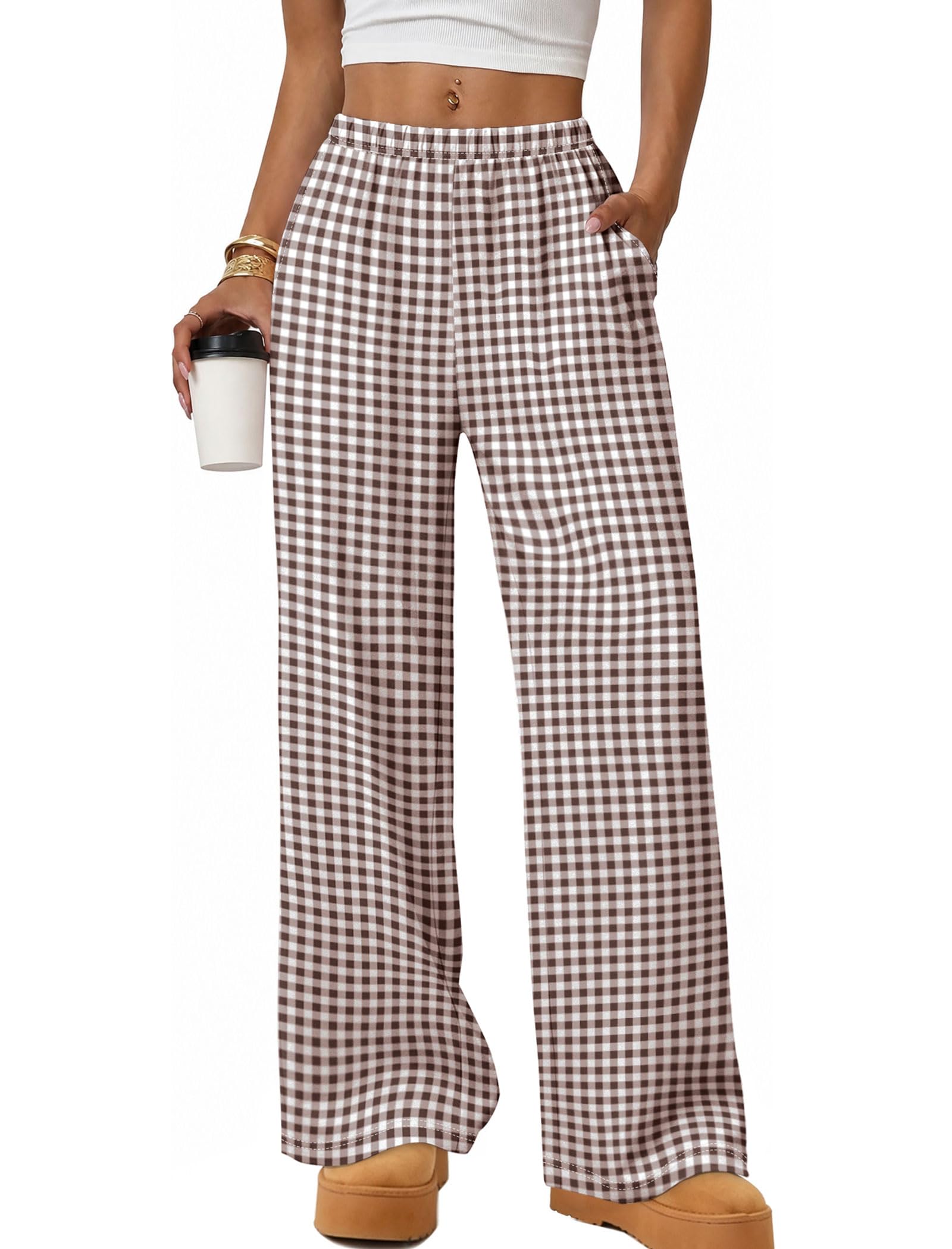 WIHOLL Womens Wide Leg Pajamas Pants Fall Gingham Casual Lounge Sweatpants | Fall Outfits 2026,Wide Leg Elastic Waist Pants with Pockets,Comfy Palazzo Sweatpants,Lightweight Breathable,Fashion Clothing