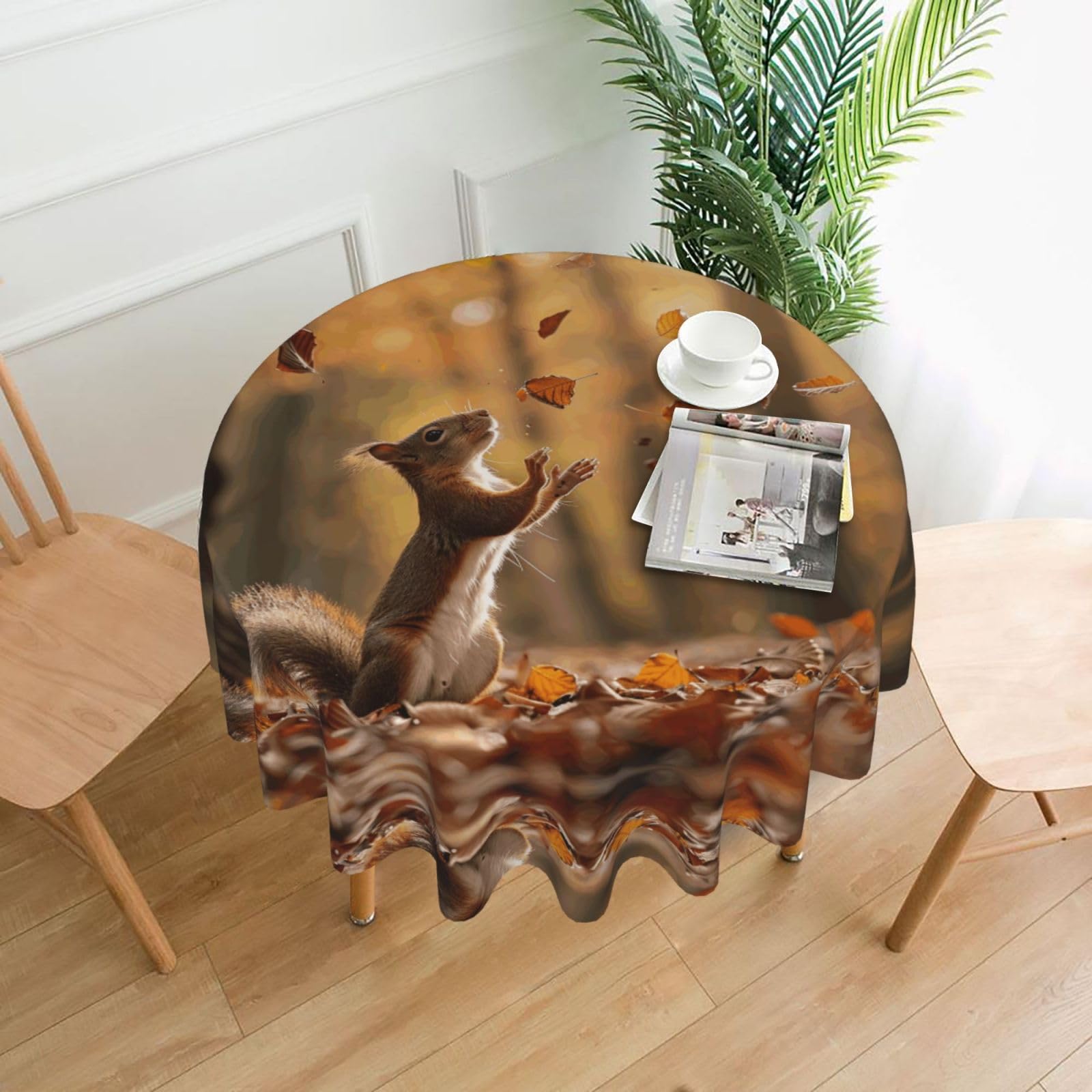 QMKFWT Squirrel and Leaves Printed Round Tablecloth,Dust-Proof Wrinkle Resistant Table Cover Washable Polyester Table Cloth for Kitchen Dining Room Farmhouse Picnic Indoor Outdoor(Round 60 Inch)