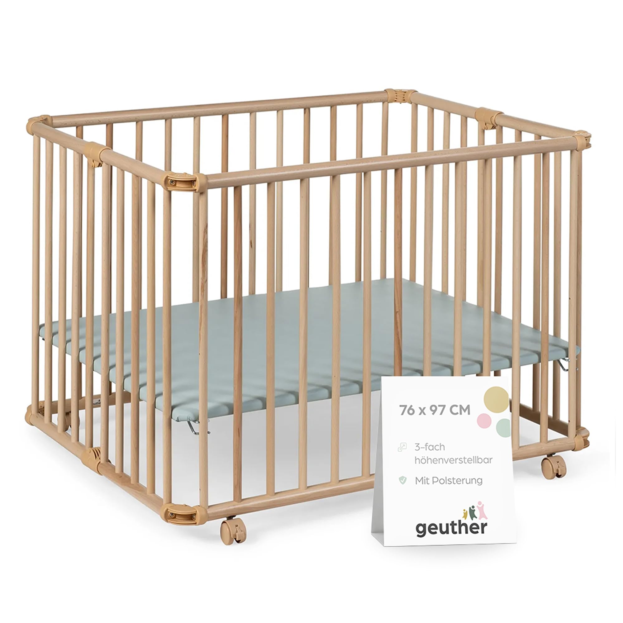 Geuther Laufgitter Lucilee | Baby Laufstall 76x97 cm aus Buchenholz – 3-fach höhenverstellbar ohne Werkzeug | TÜV Rheinland geprüft | klappbar & mobil auf Rollen | Made in Germany | Playpen Natur