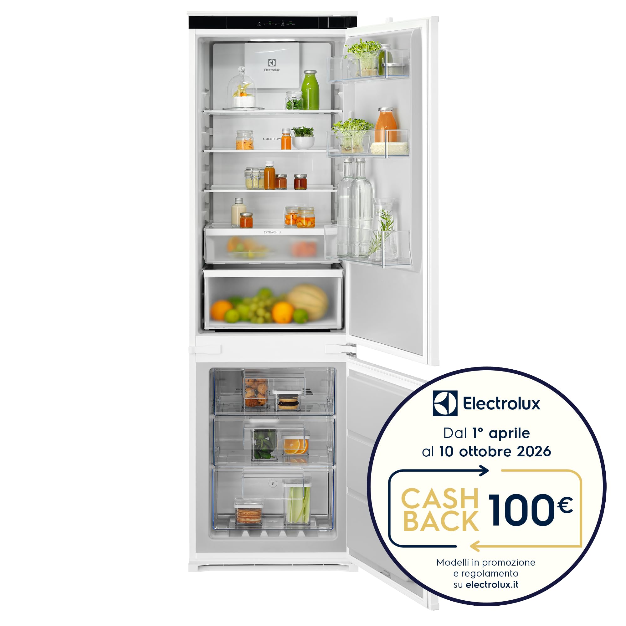 Electrolux Serie 600 Frigorifero Combinato da Incasso, ENT6MD18S0, 249 Litri, TwinTech Total No Frost, MultiFlow, Silenziosità 34 dB, 1772x546x549, Class D, Allarme Porta Aperta, Bianco