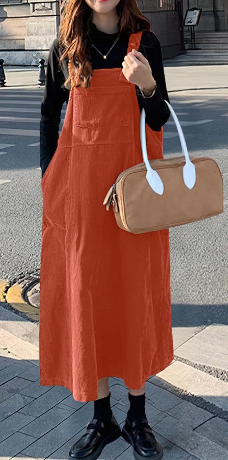 chouyatou Women's Cute Sleeveless Corduroy Jumper Dress Flare Midi Long Pinafore Dress with Pockets - Image 3