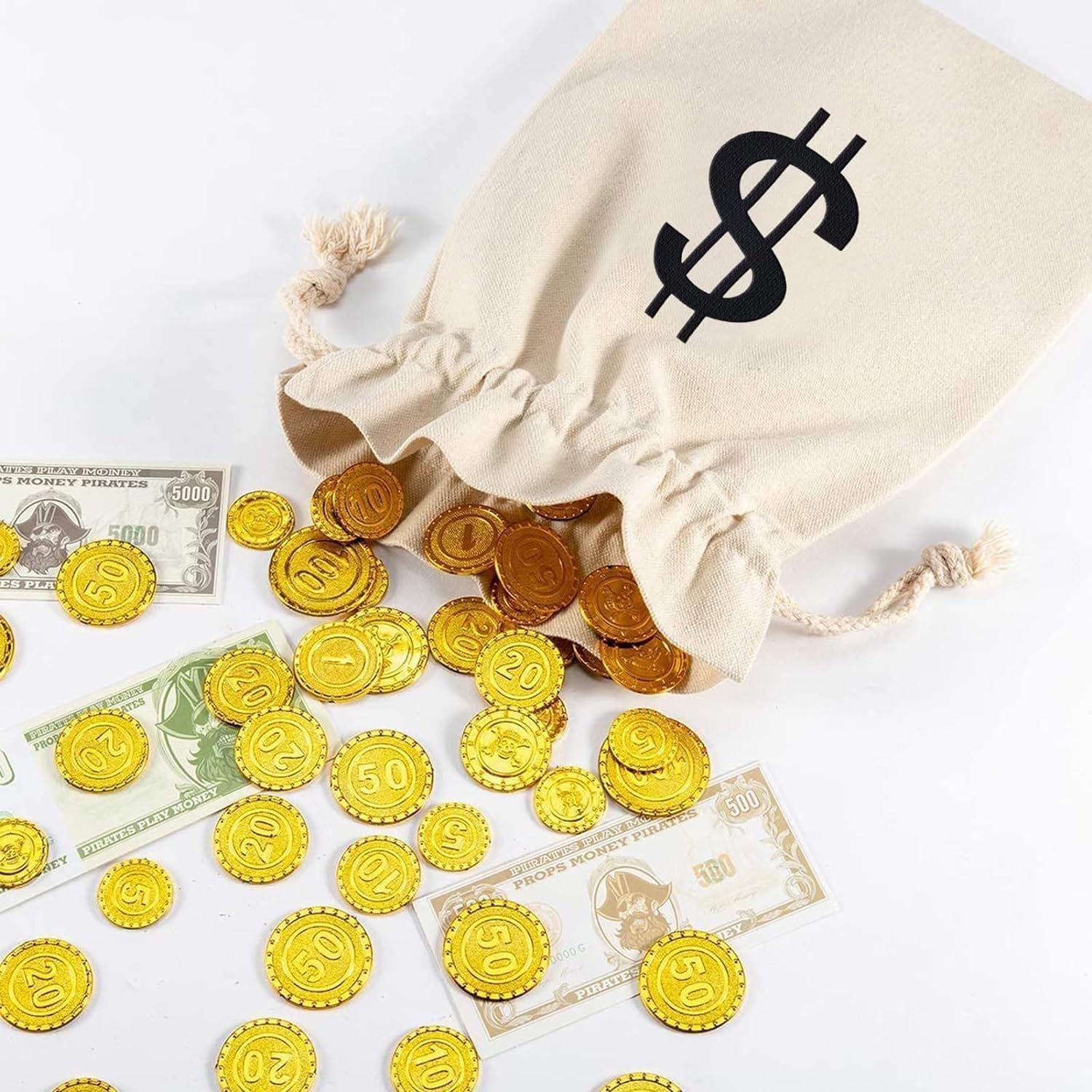 SCCFMM 20 Pack 6.3 x 9 Inches Small Linen Money Bags - Halloween Prop Money Bag with Dollar Sign, Drawstring Money Sacks for Bank Robber Costume Pirate Cosplay Theme Party