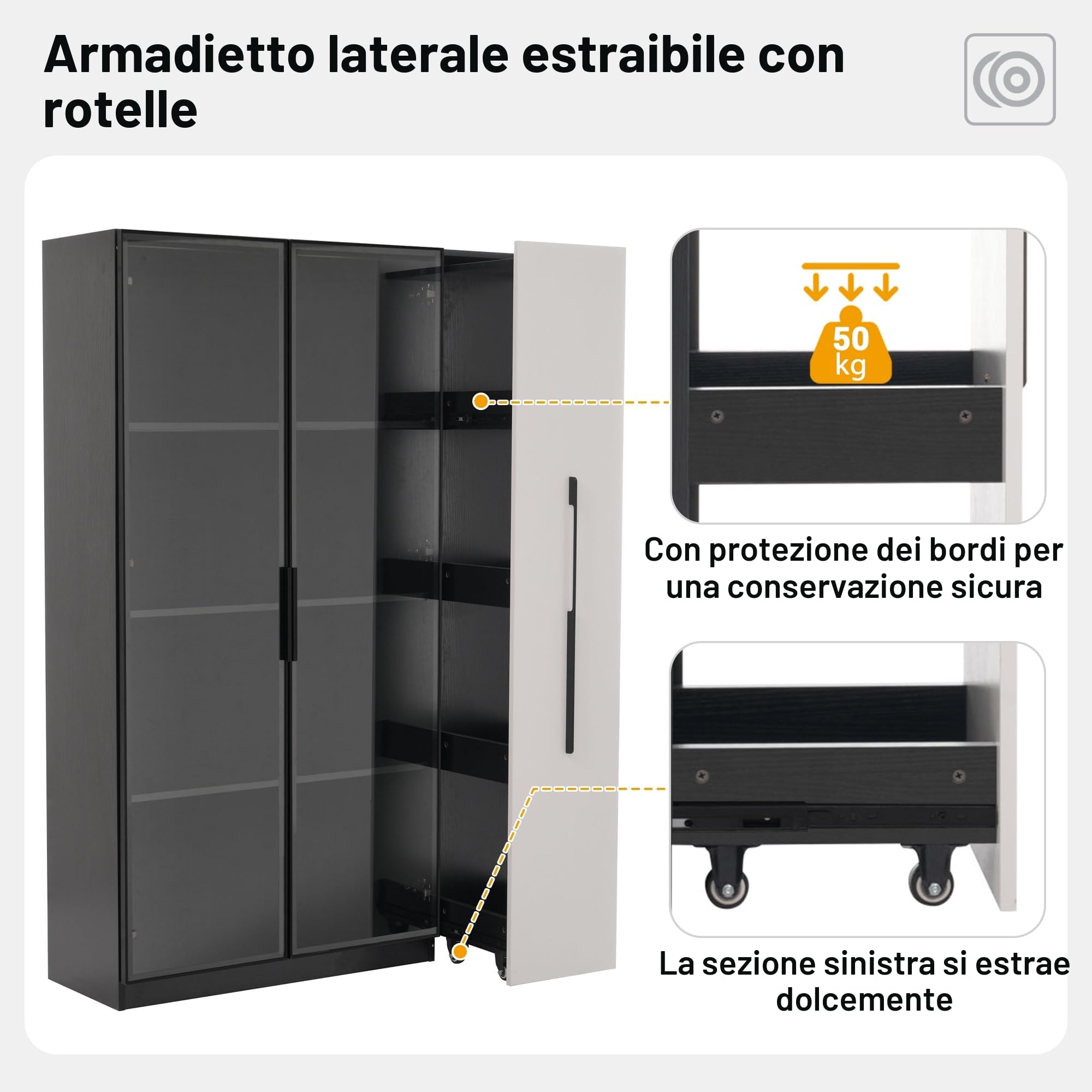 Armadio multifunzione/alto/da sala da pranzo 110,5 x 35 x 160 cm, vetrina con anta in vetro e LED, estensione laterale, design in bianco e nero, stile moderno, (nero, 110,5 x 5 x 160 cm)