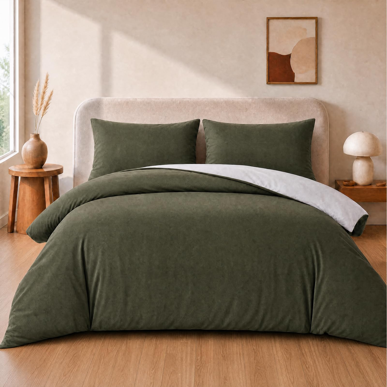 VelvetMis King Size Duvet Cover Set - 3Pcs Reversible Bedding Bed Set Olive Green And Light Grey Kingsize Microfiber Quilt Cover With 2 Pillowcases 50x75cm