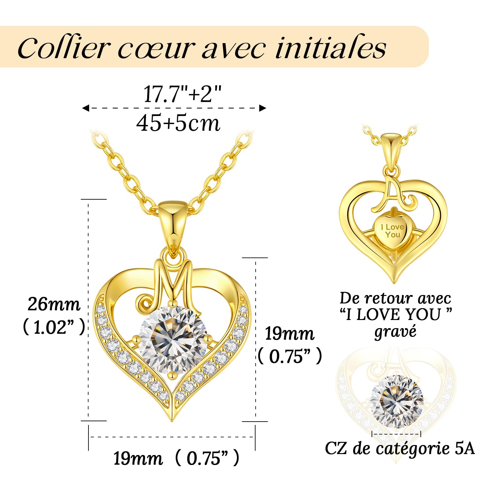 LOUISA SECRET Collier Femme A-Z Initiales en Capitale, Pendentif Cœur d'Amour avec Plaque d'Or 18K, Bijoux Personnalisés pour Femme, Épouse, Mère, Anniversaire, Anniversaire de Mariage, Fête des Mères