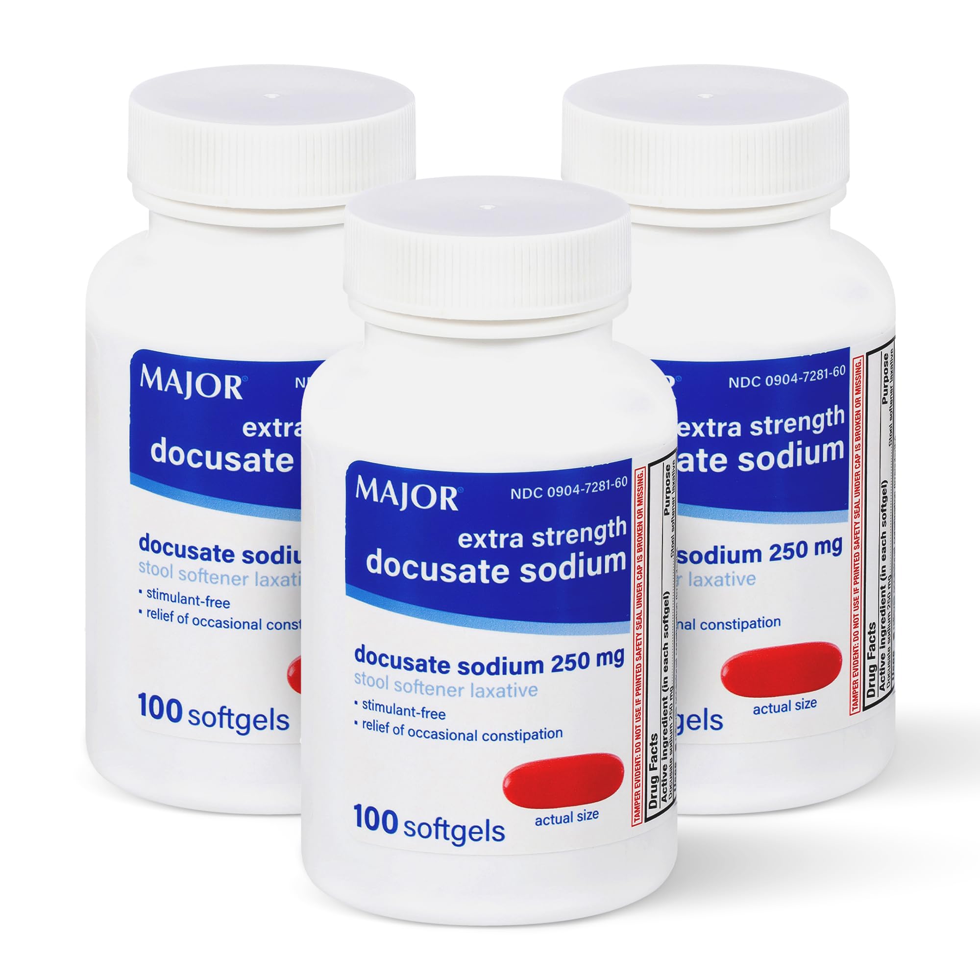 MAJOR Docusate Sodium 250 mg, Extra Strength Stool Softener Laxative for Occasional Constipation Relief – Stimulant‑Free, 100 Softgels (3 Pack)