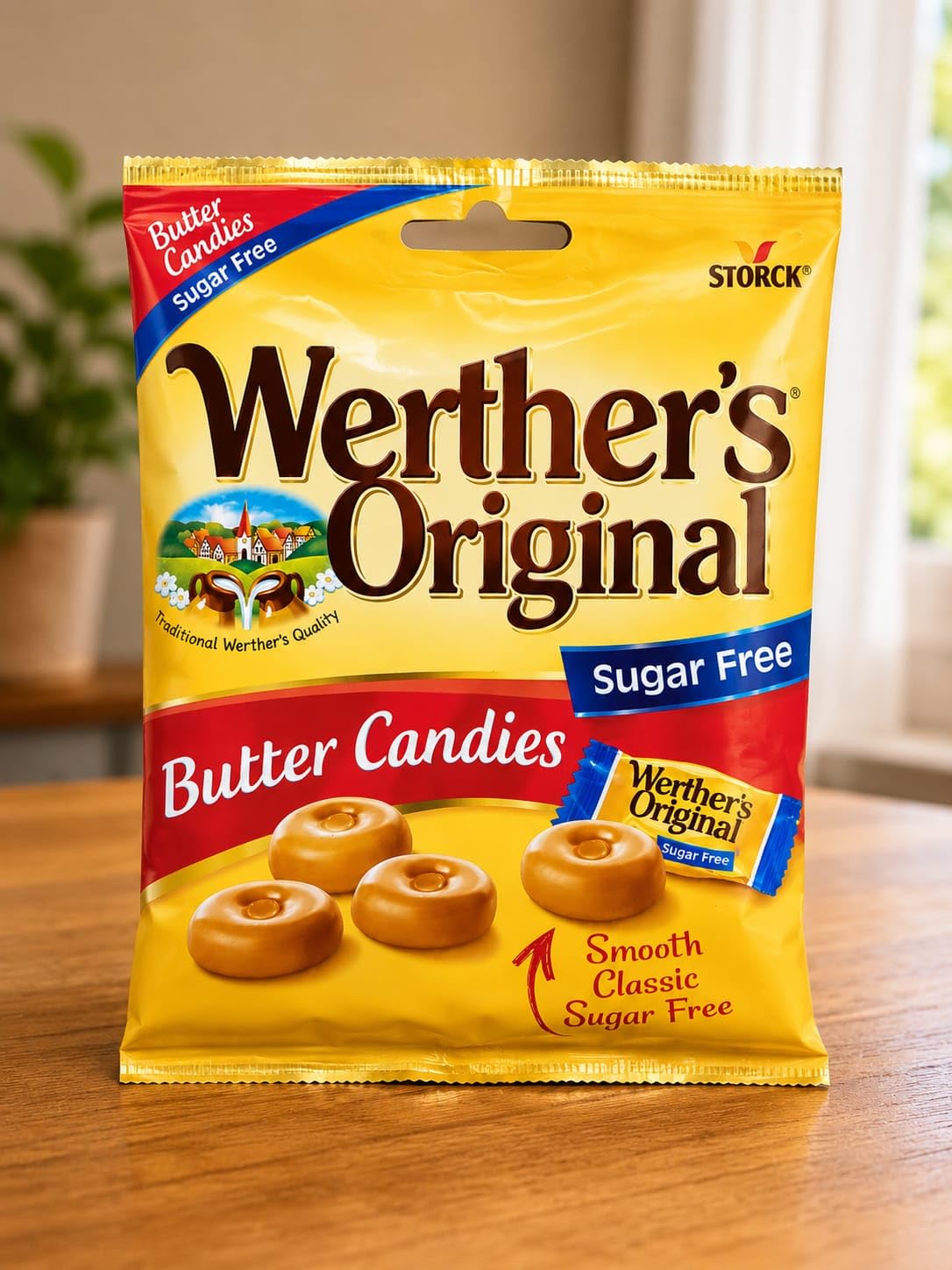 Werther's Original Sugar Free Butter Candies, 80gm, With Free Flavourito Kunafa Chocolate 20g By Decadent Foods