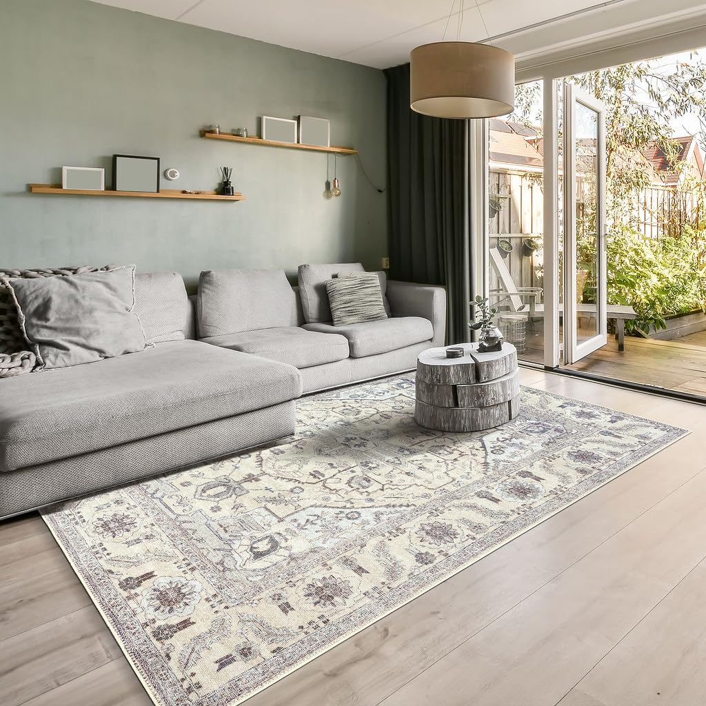 GLN Rugs Traditional Collection - Machine Washable Area Rug, Traditional Washable, Non Slip, Low Pile Chenille Rug, Living Room, Bedroom, Kitchen Rug