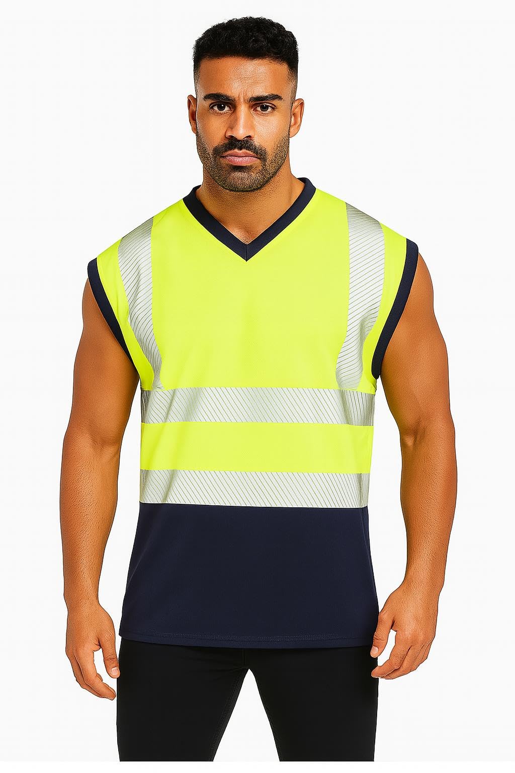 Candid Styles® Hi Vis Viz Work Utility Sleeveless Vest, High Visibility V-Neck Safety Security Workwear Reflective Double Tape Tank Top (Yellow-Navy, XX-Large)