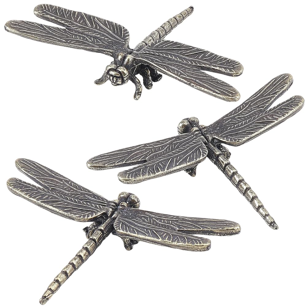 SOFPLATE 1 Box 3Pcs Small Dragonfly Figure Metal Insect Statue Vintage Retro Brass Antique Bronze Miniature Display Animal Figurine Sculpture Ornaments for Desk Shelf Living Room Home Office DIY Decor