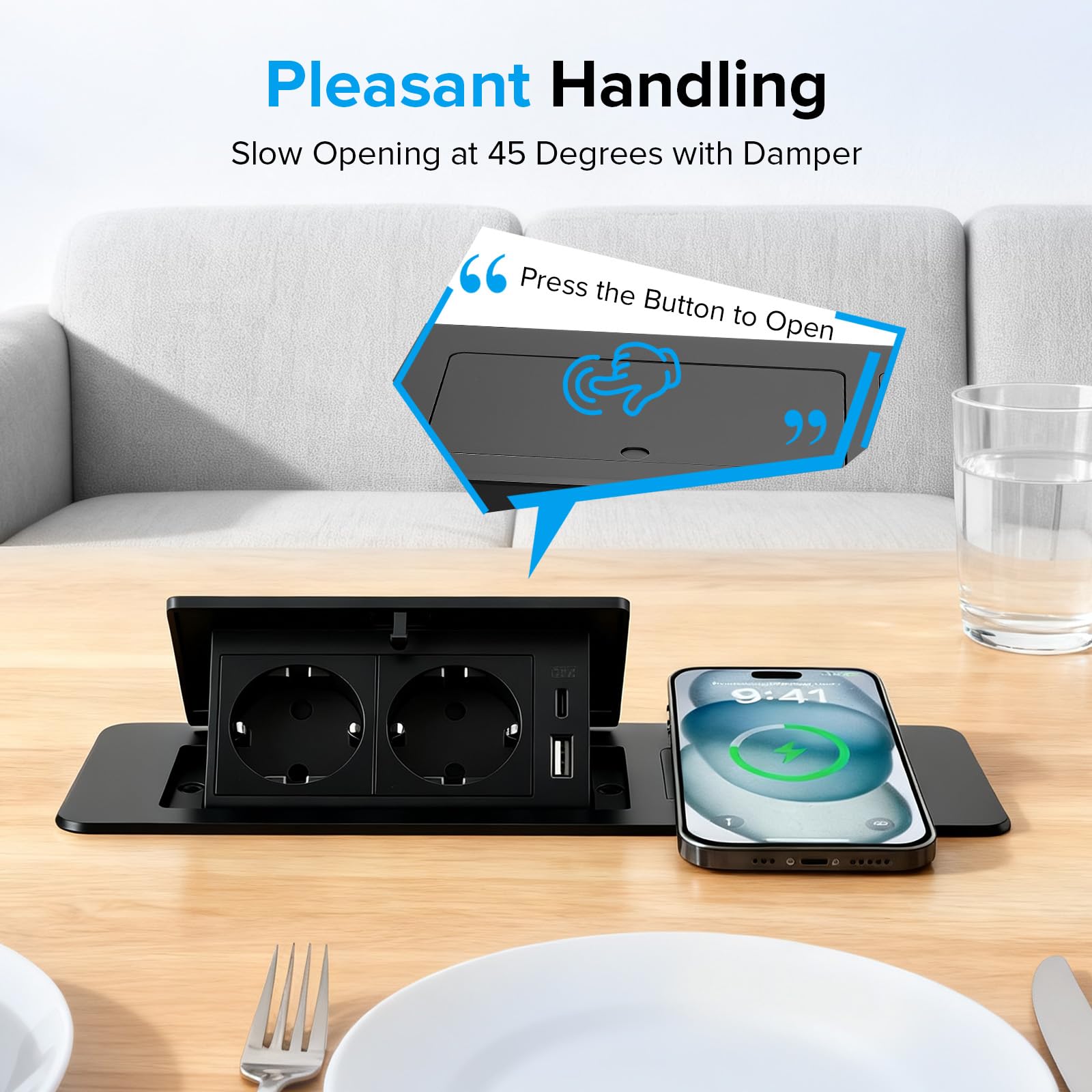 Ciabatta elettrica a scomparsa, da scrivania, con USB e induzione, presa da tavolo a scomparsa con apertura morbida, in alluminio pressofuso, 1,8 m, cavo di collegamento (nero)