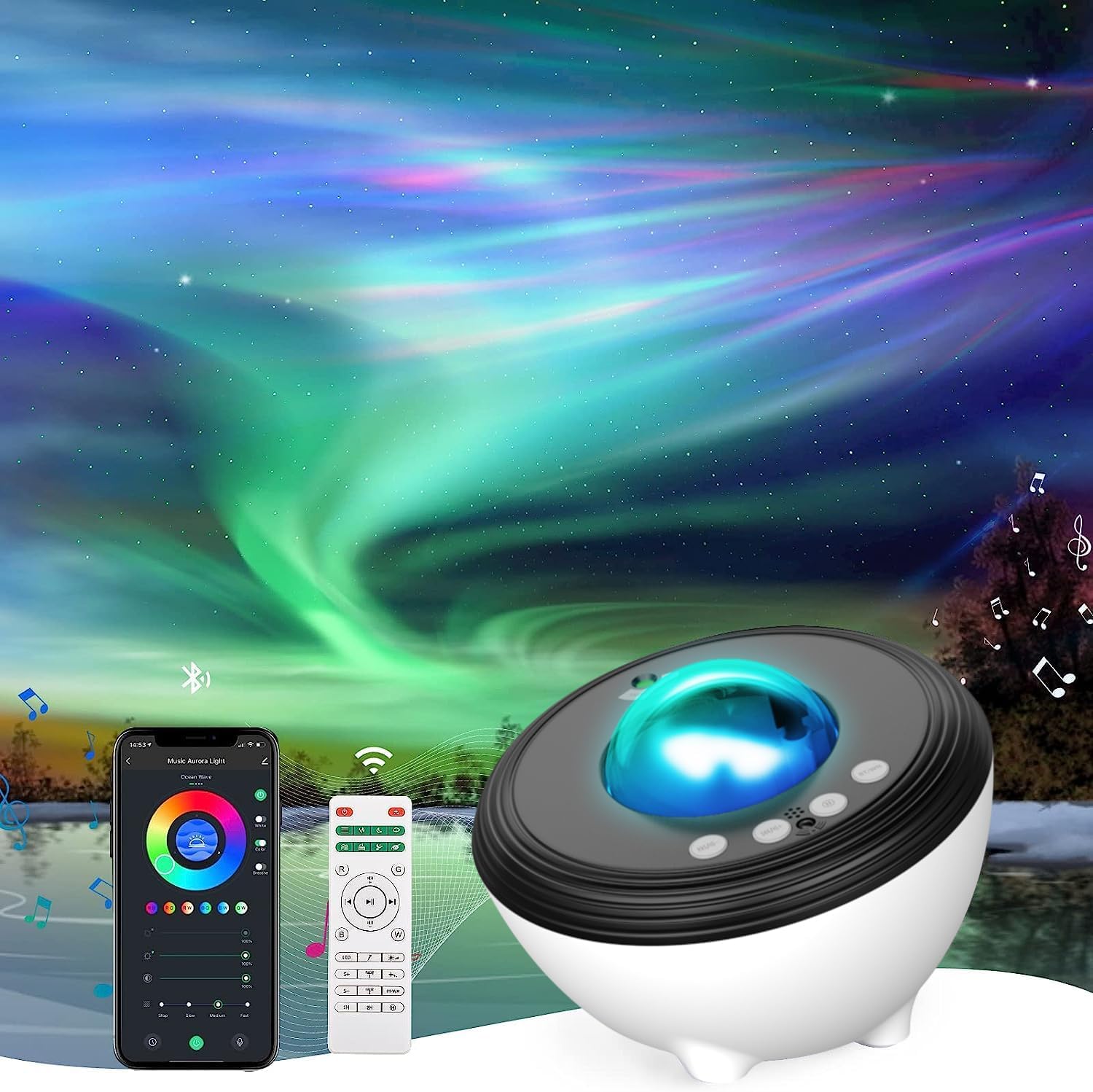 Febotak Proiettore Stelle Aurora Proiettore Planetarium Galassie Luce Nottura Altoparlante Musica, 8 Suoni Ambientali & Melodie, Compatibile con Alexa, Controllo App/Remote/Voice, 48 Colori