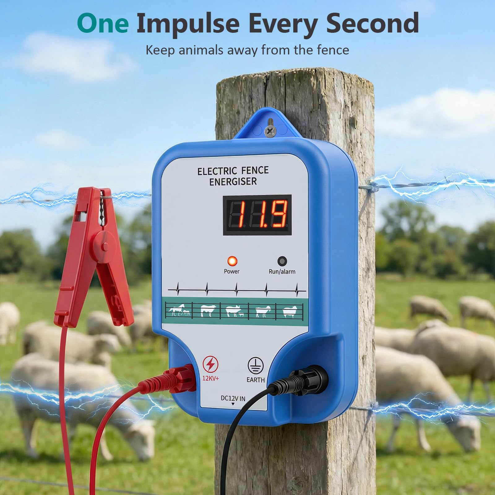 15KM Pastor Electrico 12V, 2.0J de Alta Potencia Pastor Electrico Bateria para Ganado y Animales Cerca Con Pantalla Led Alcance, Para La Protección De Ganado Ovejas Aves De Corral Pastos Jardines