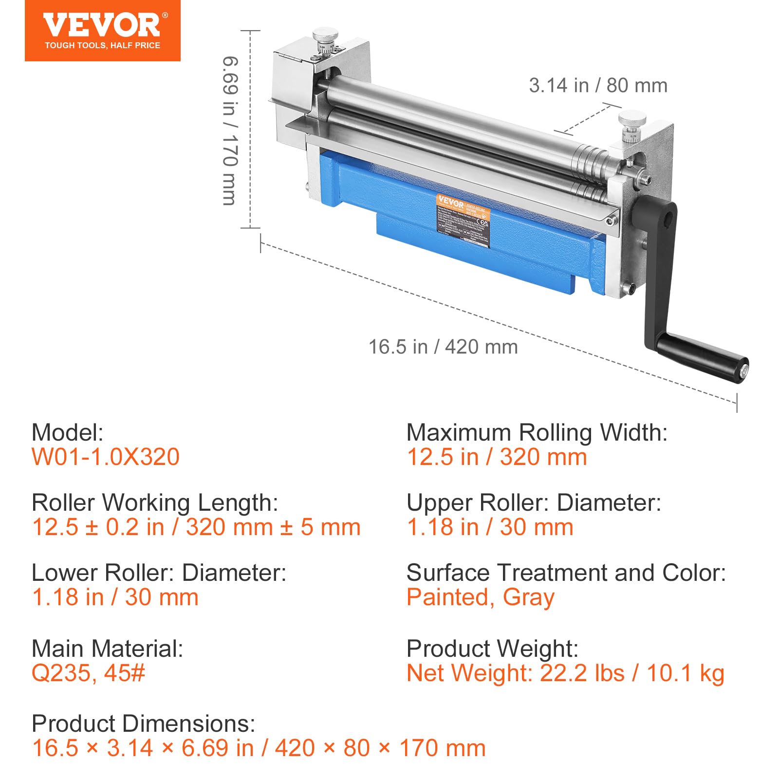 VEVOR Dobladora de Rollos 320mm Máquina Dobladora de Chapa 30mm Calibre 20 con 2 Rodillos Extraíbles Máquina Laminadora para Chapa de Acero con Bajo Contenido de Carbono, Cobre, Aleación de Aluminio