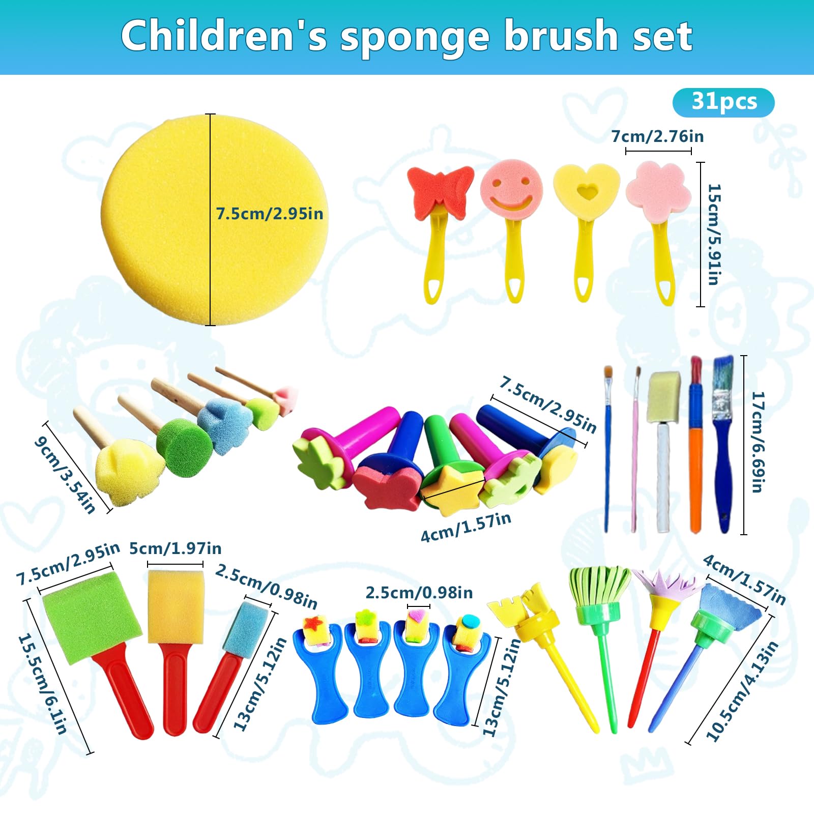 Lot De 31 Pinceaux Éponges Pour Enfants - Kit Peinture Créative, Formes Variées, Lavable Et Réutilisable