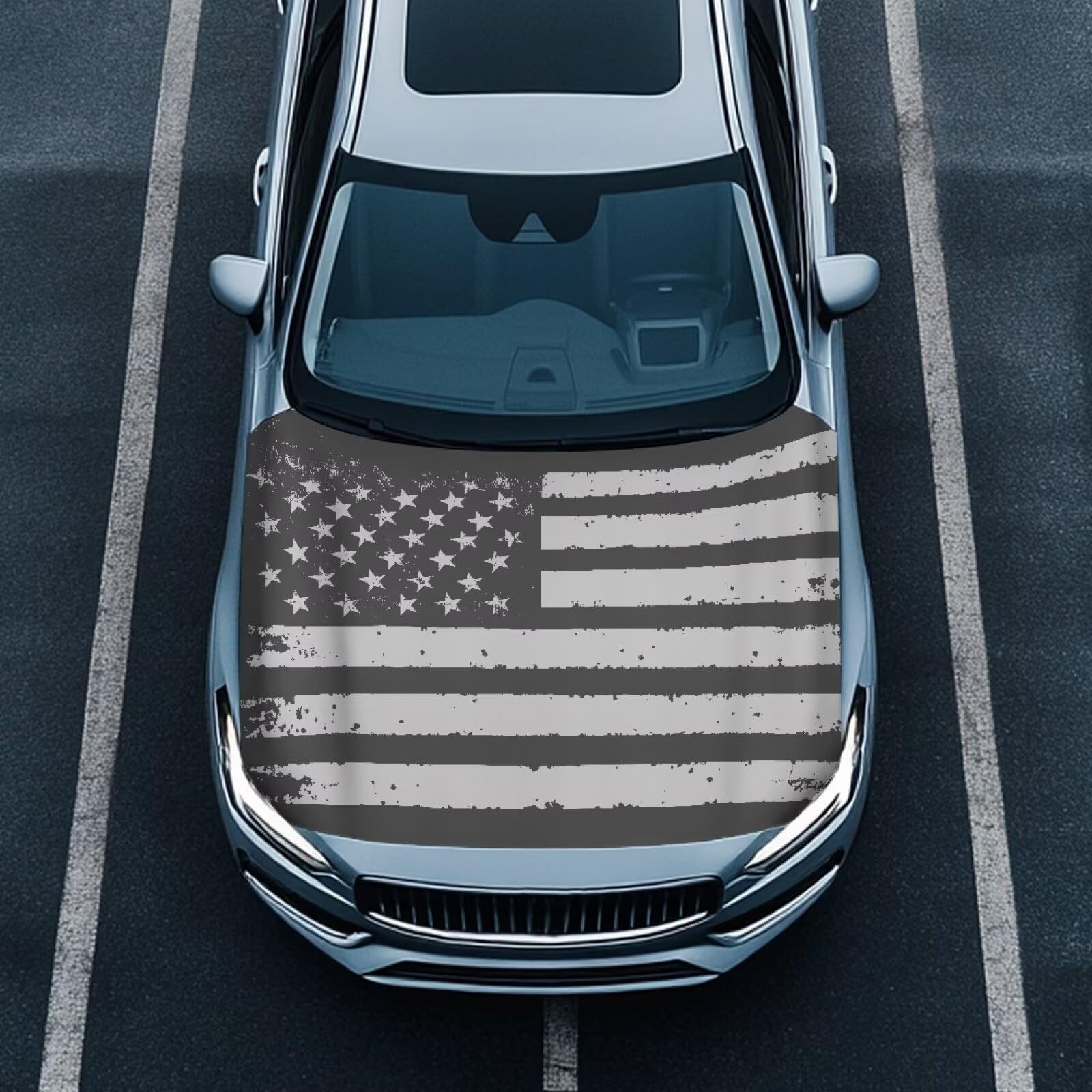 59×39 Inch Gray American Flag Car Hood Cover Protector Waterproof Car Hood Wrap Blankets Patriotism Auto Flag Universal Automotive Exterior Accessories for Summer