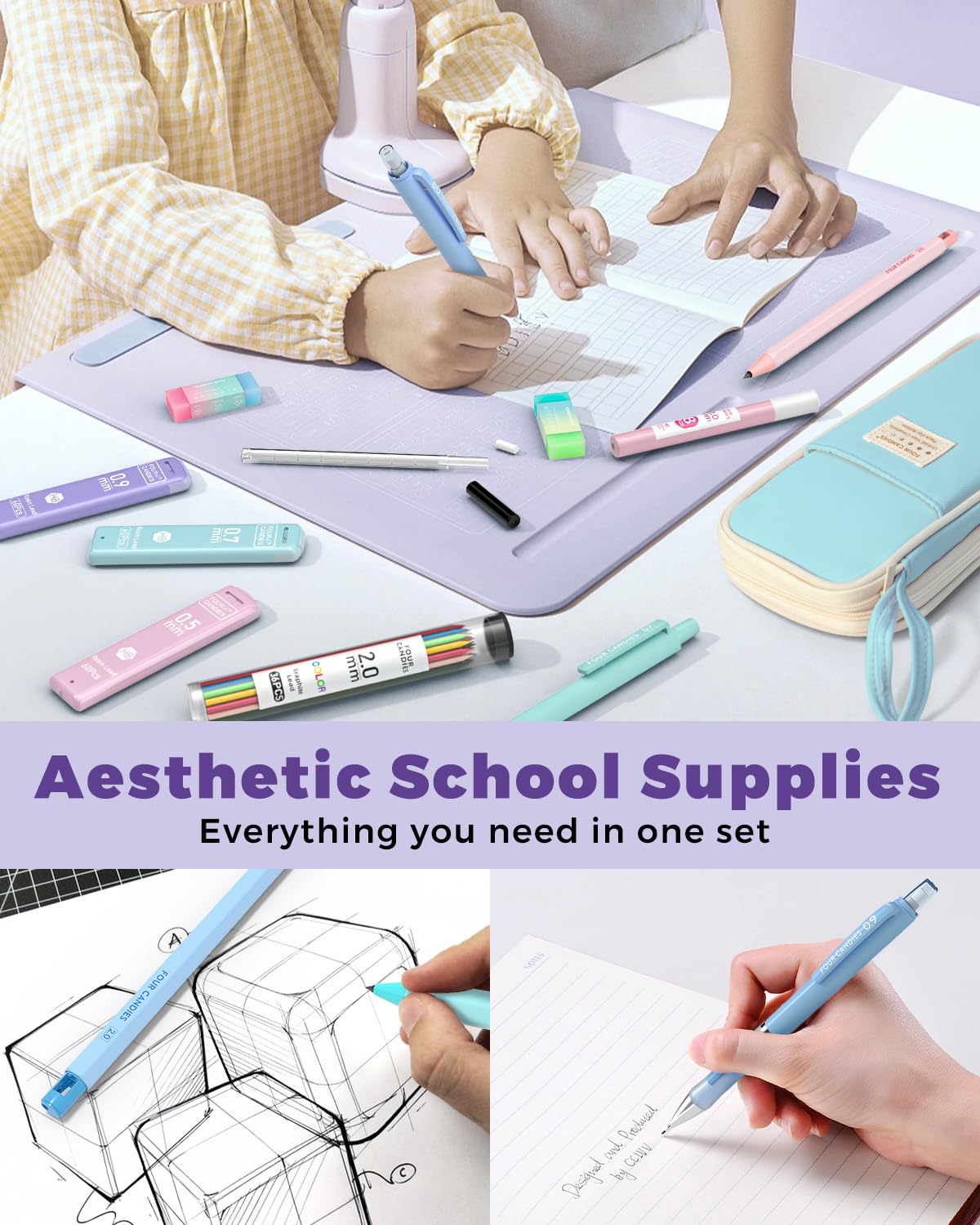 Four Candies 36PCS Aesthetic School Supplies, Mechanical Pencils 0.5mm, 0.7mm, 0.9mm & 2.0mm with 624PCS Lead Refills, Cute Mechanical Pencils for Writing, Drawing & Drafting (): Blue