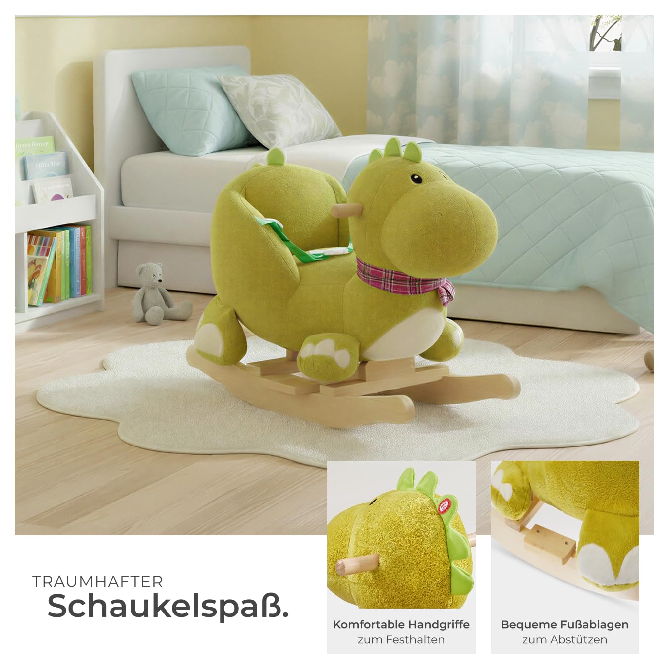 tectake® Schaukeltier mit Sicherheitsgurt und Soundeffekt, Schaukelpferd Baby ab 12 Monate, Baby Schaukel Indoor mit weichem Plüschbezug und Rückenlehne, breite Griffe - Dinosaurier