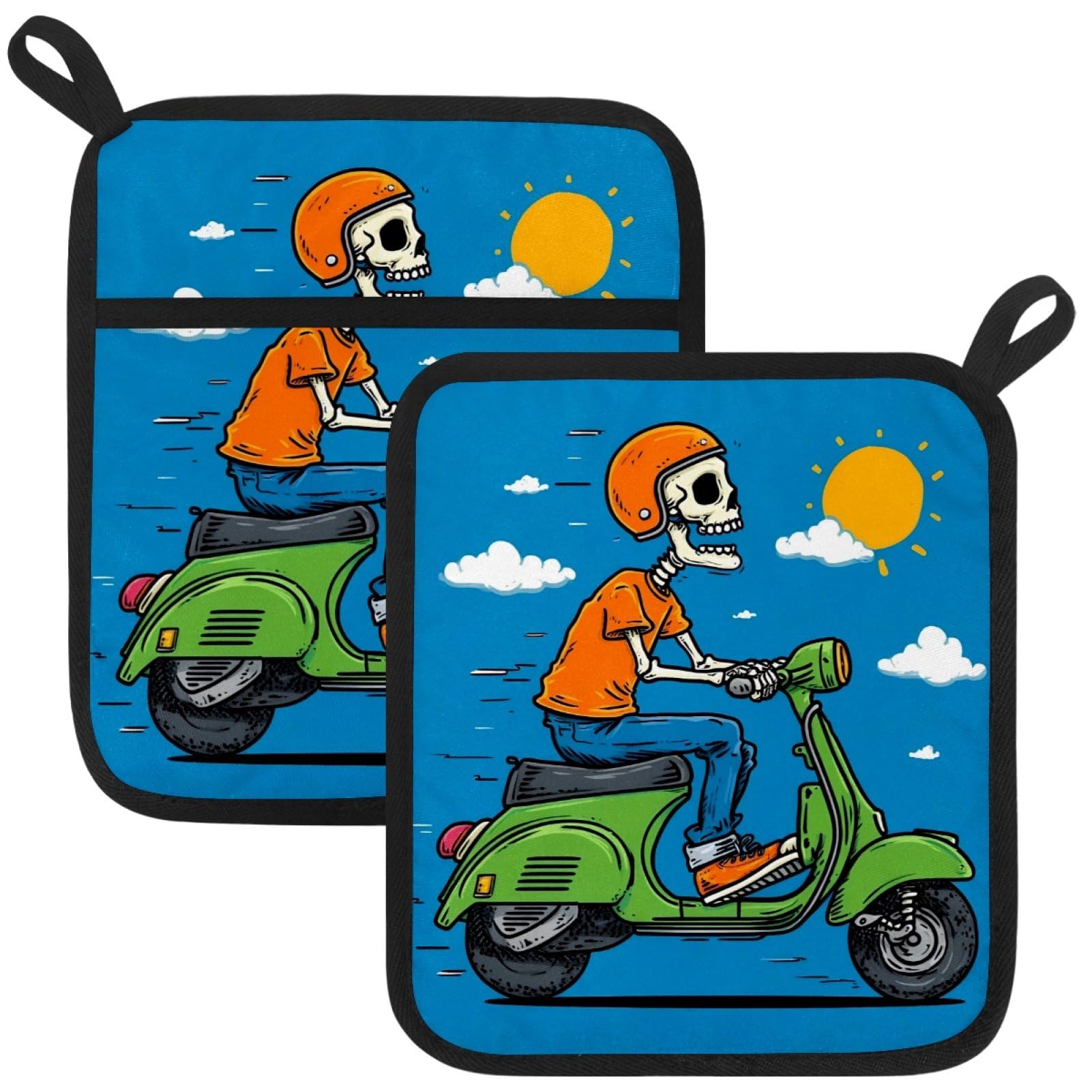 VAPOKF Funny Skeleton Kitchen Hot Pot Holder, Pot Holders Heat Resistant Pot Holder with Pocket Heat Resistant Trivets for Hot Pans Cotton Pot Mitts for Kitchen Cooking Baking