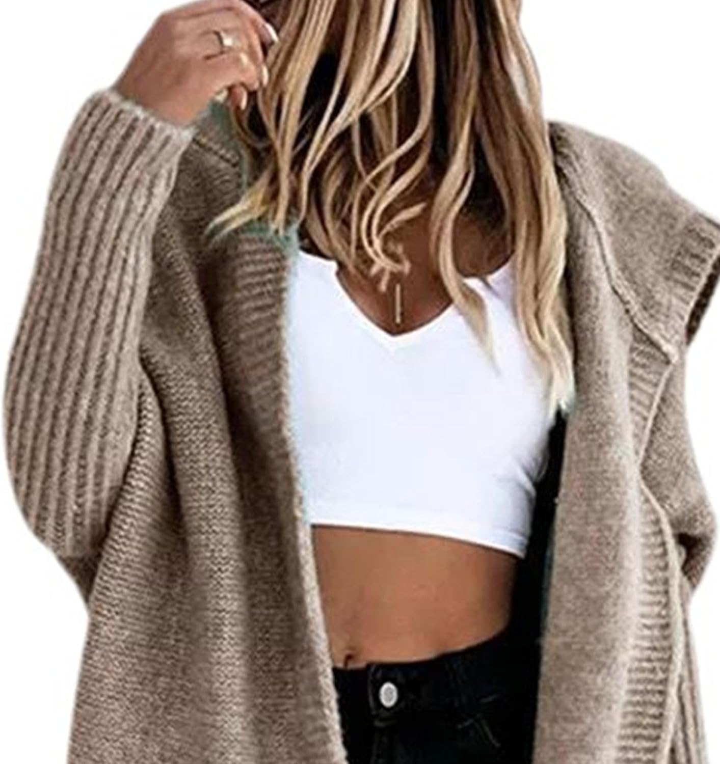 Women Hooded Oversized Cardigan Casual Open Front Cable Knit Sweaters Solid Color Chunky Long Coats Sweatshirts
