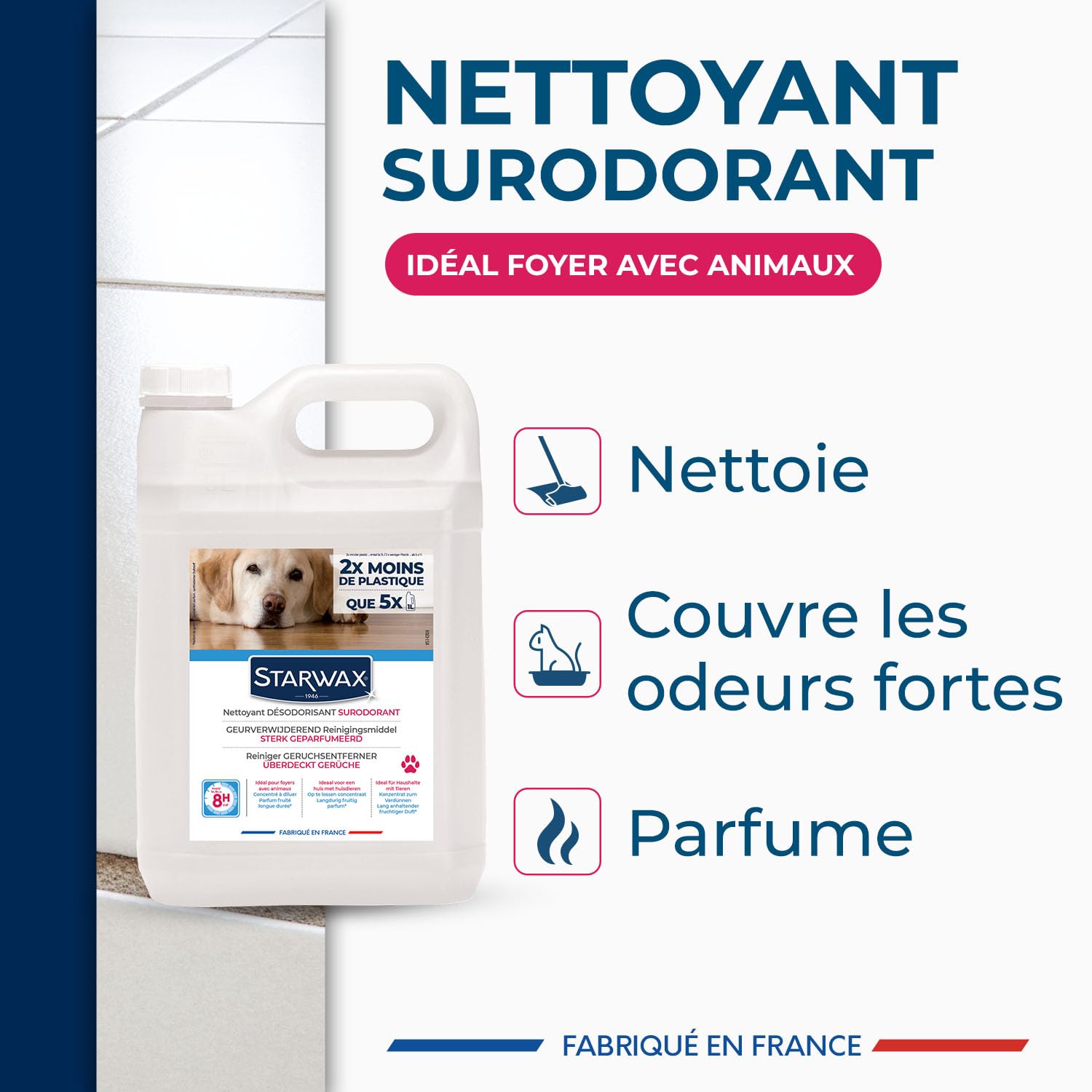 STARWAX Nettoyant désodorisant surodorant 5L | Nettoie les surfaces et lieux de vie des animaux, parfum longue durée, sans javel, fabriqué en France, rendement 1100m²/L