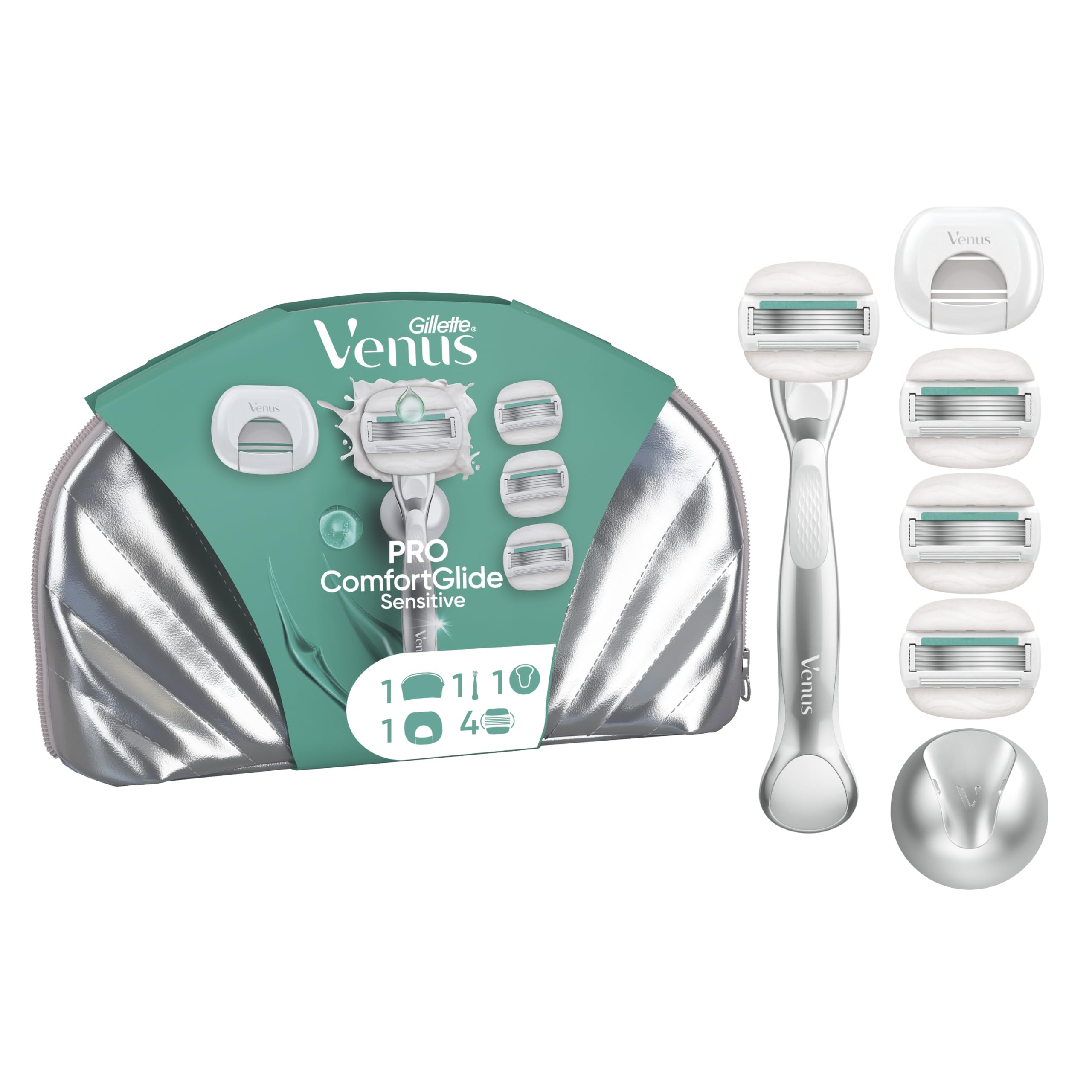 Gillette Venus Pro ComfortGlide Sensitive Rasoio Da Donna Con Un Tocco Di Aloe, 4 Lamette da Donna Di Ricambio Gillette Venus, Manico In Metallo Riutilizzabile E Gancio Per Doccia