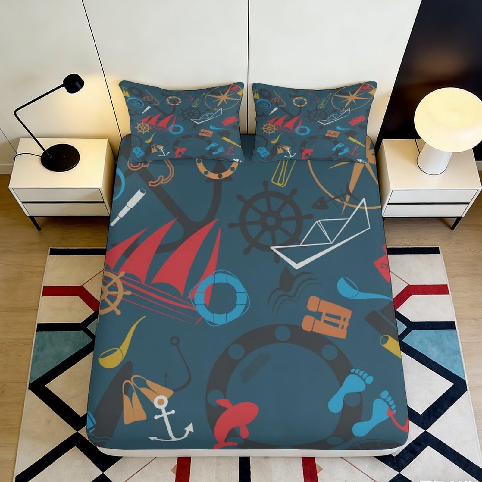 3D Printed Nautical Sailboat Fitted Sheet Microfiber Soft Coastal Anchor Bed Cover for Bedroom Dorm Room Decor Mattress Protection 90x200x25cm