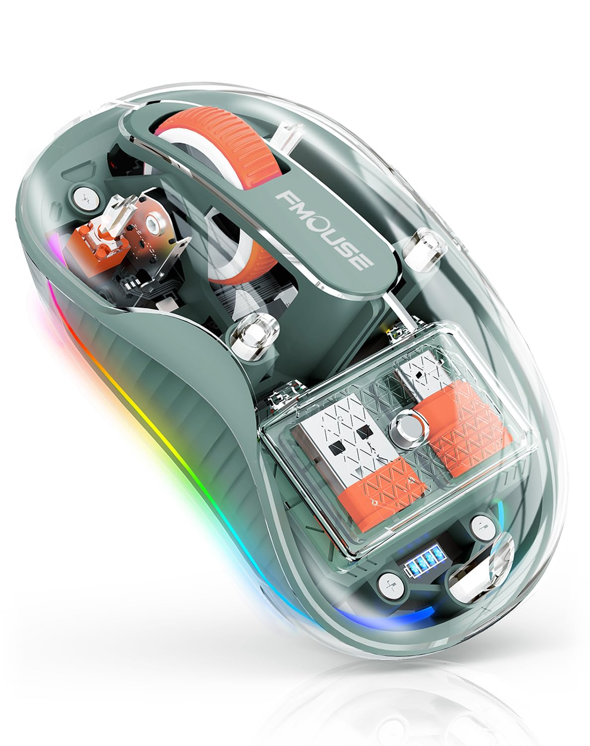 FMOUSE Transparent Wireless Mouse, Tri-Mode Bluetooth 5.1 & 2.4GHz, USB-A & USB-C Receiver, Silent Rechargeable RGB, 3 Devices for MacBook Laptop iPad