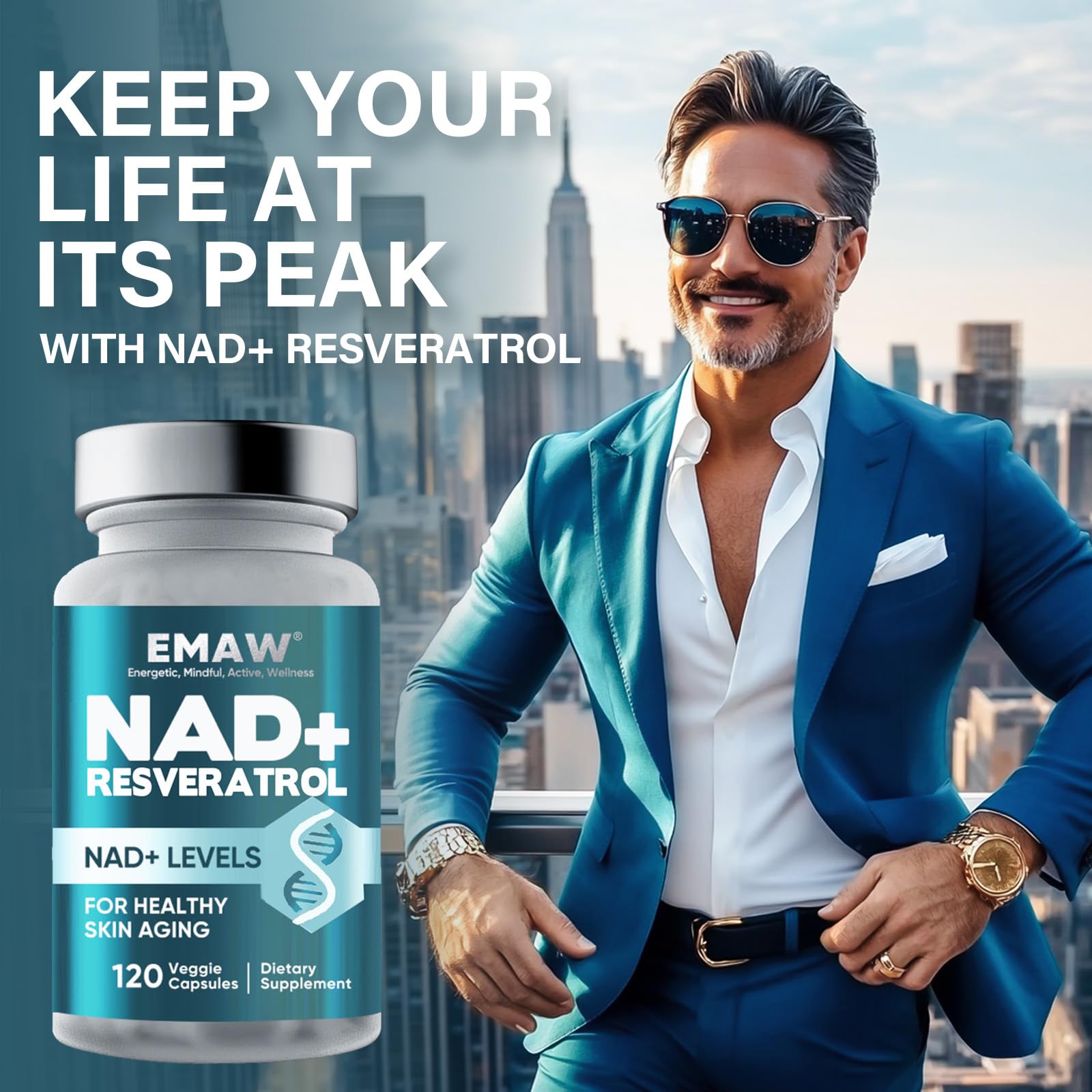 Nad+ 500mg & Resveratrolo Puro, Integratore per Energia Cellulare, Antiossidante Naturale, Anti-Invecchiamento, 120 Capsule Vegetali