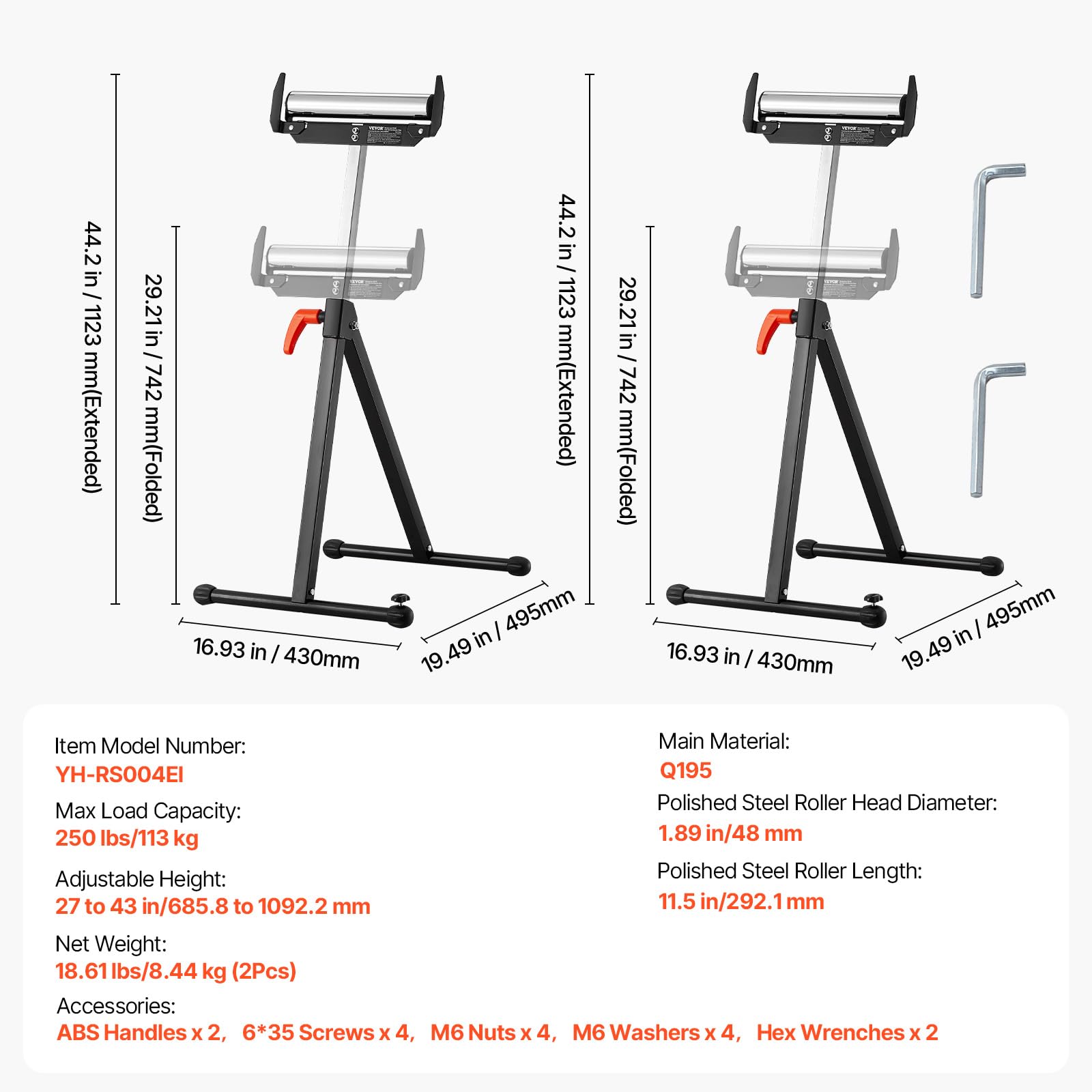 VEVOR 2er-Set Rollenständer, 113kg Tragkraft, höhenverstellbar 68-109cm, klappbarer Arbeitsbock mit Rollenkopf und Kantenführungen aus poliertem Stahl, für Tischkreissägen-Auslauf, Verlängerungsstütze
