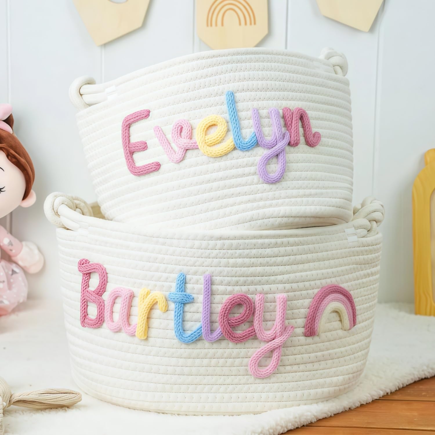 Personalized Baby Basket, Custom Name Woven Rope Diaper Storage Caddy