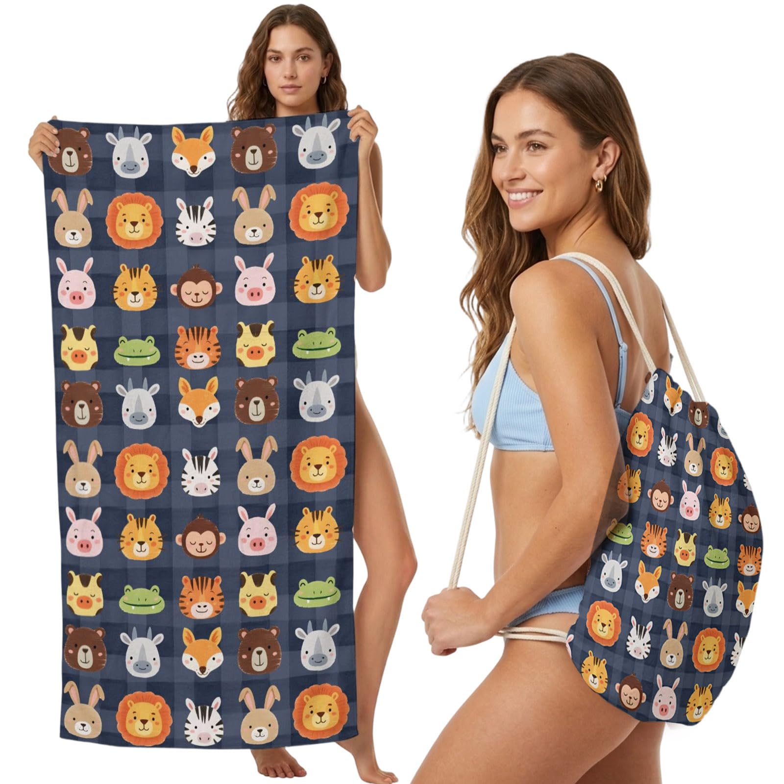Beach Towel Bag 2 in 1 Animal Zoo Bath Pool Towels Backpack Lion Tiger Monkey Zebra Giraffe Plaid Absorbent Beach Towel Soft Quick Dry Lightweight Packable Towels Drawstring Bag for Travel Sports Yoga