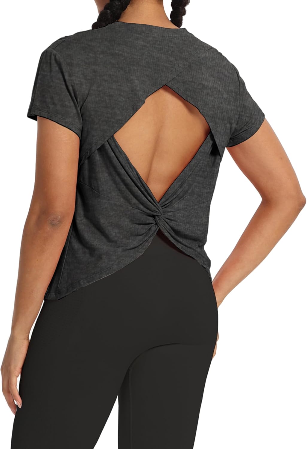 Bestisun Backless Workout Athletic Shirts Short Sleeve Split Back Yoga Exercise Tops for Women