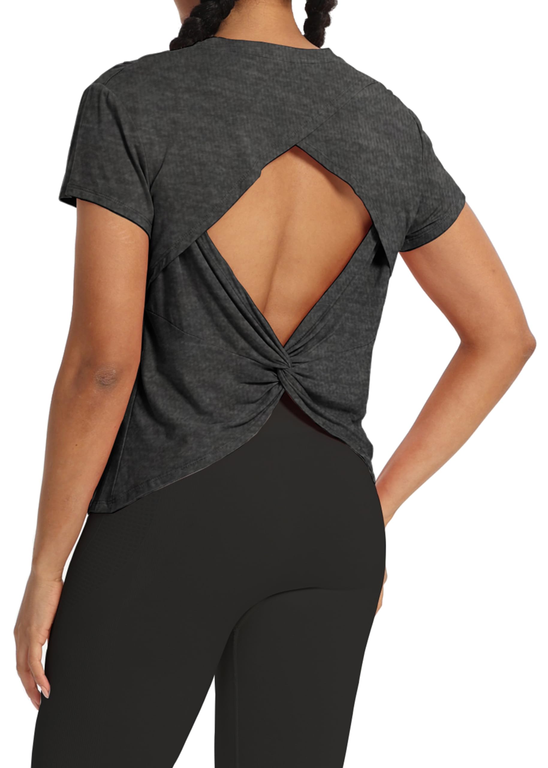 Bestisun Backless Workout Athletic Shirts Short Sleeve Split Back Yoga Exercise Tops for Women