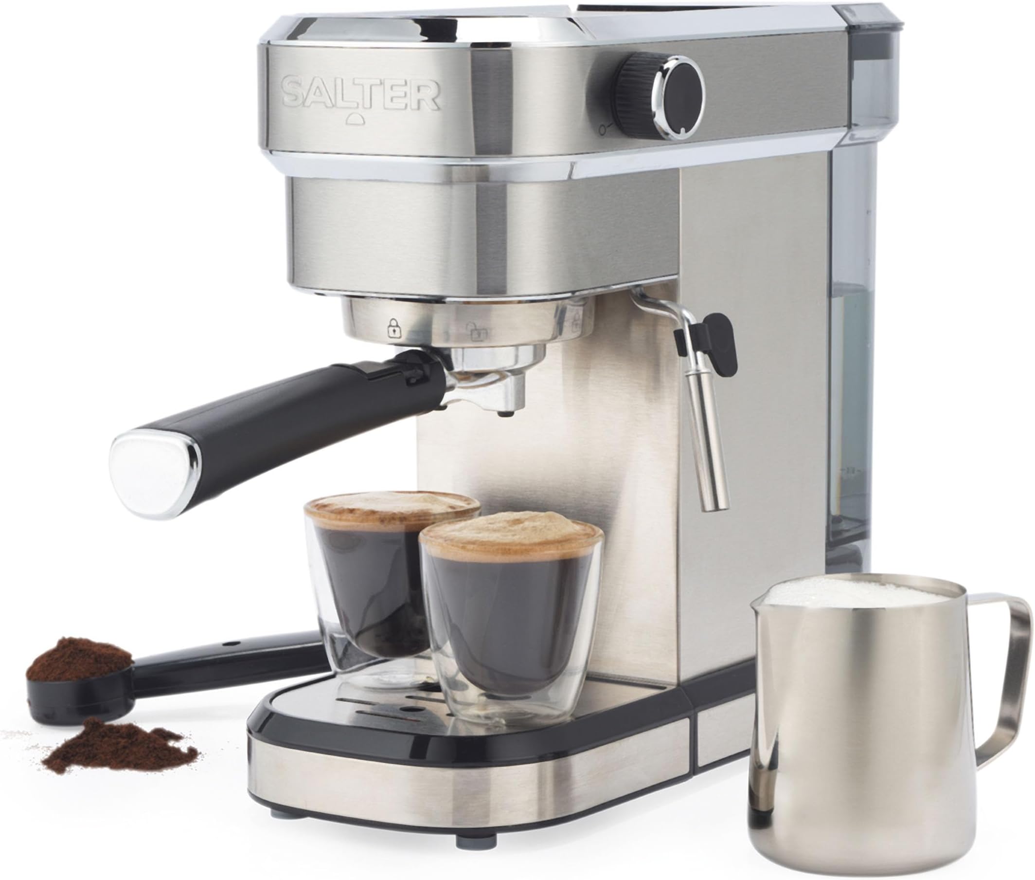 Salter Espresso Machine With Milk Frother – Single Or Double Shot, 20-Bar Italian Pressure Pump, Ground Coffee Compatible, 1.1L Detachable Water Tank, Includes Stainless Steel Milk Jug, 1350W, EK6139