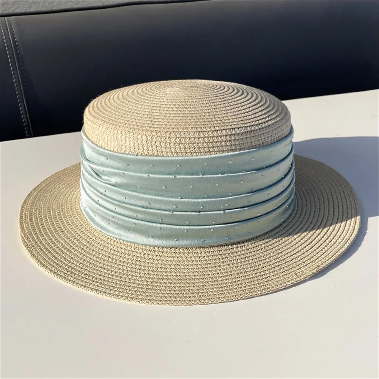 Cappello da donna in raso con strass in paglia treccia piatta visiera cappello jazz casual panama cappello estivo elegante da spiaggia cappelli di paglia