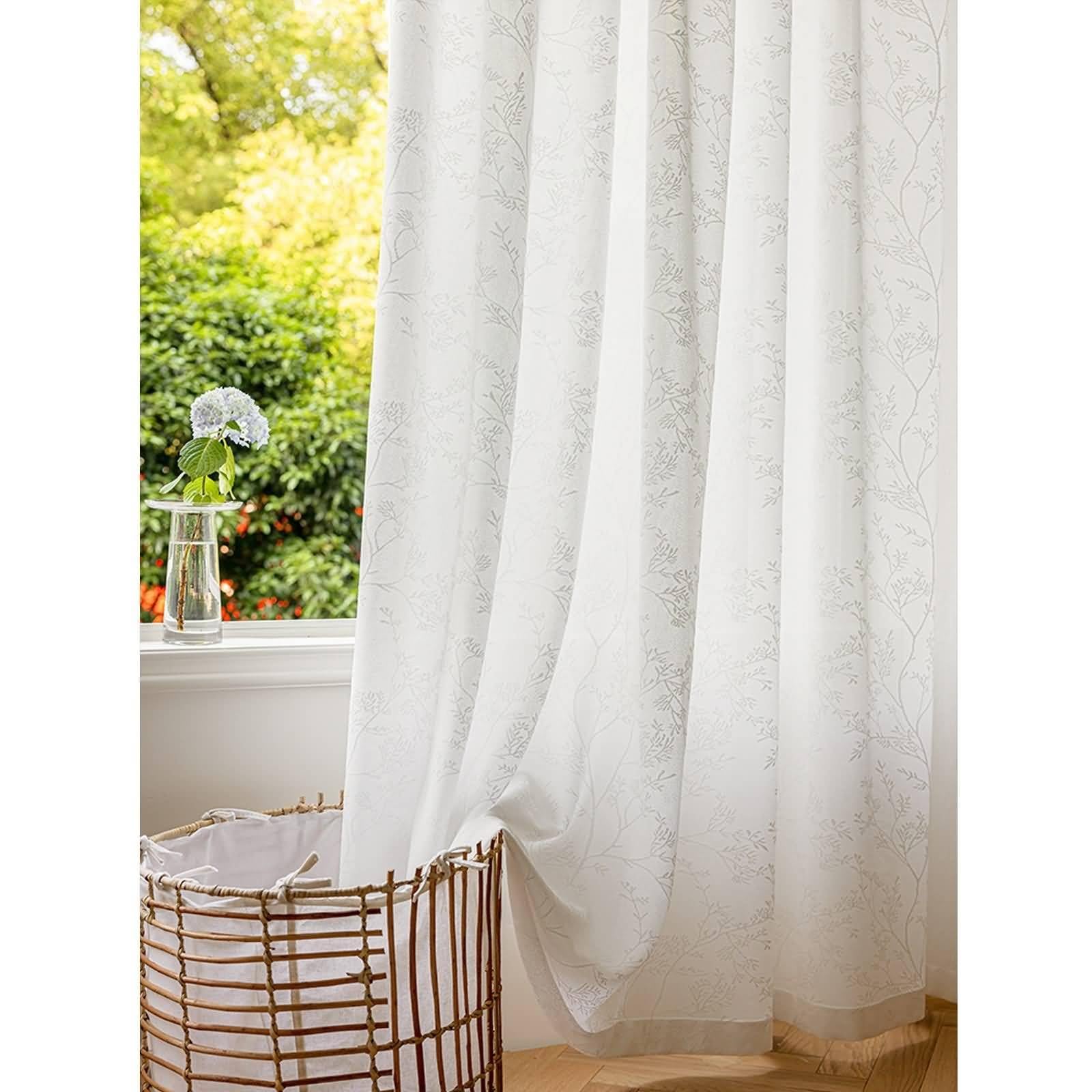 Długie zasłony okienne, białe zasłony firanowe liść gałąź tekstura mieszanka poliestru i bawełny zestaw 2 szt. 86 W x 138 L cm