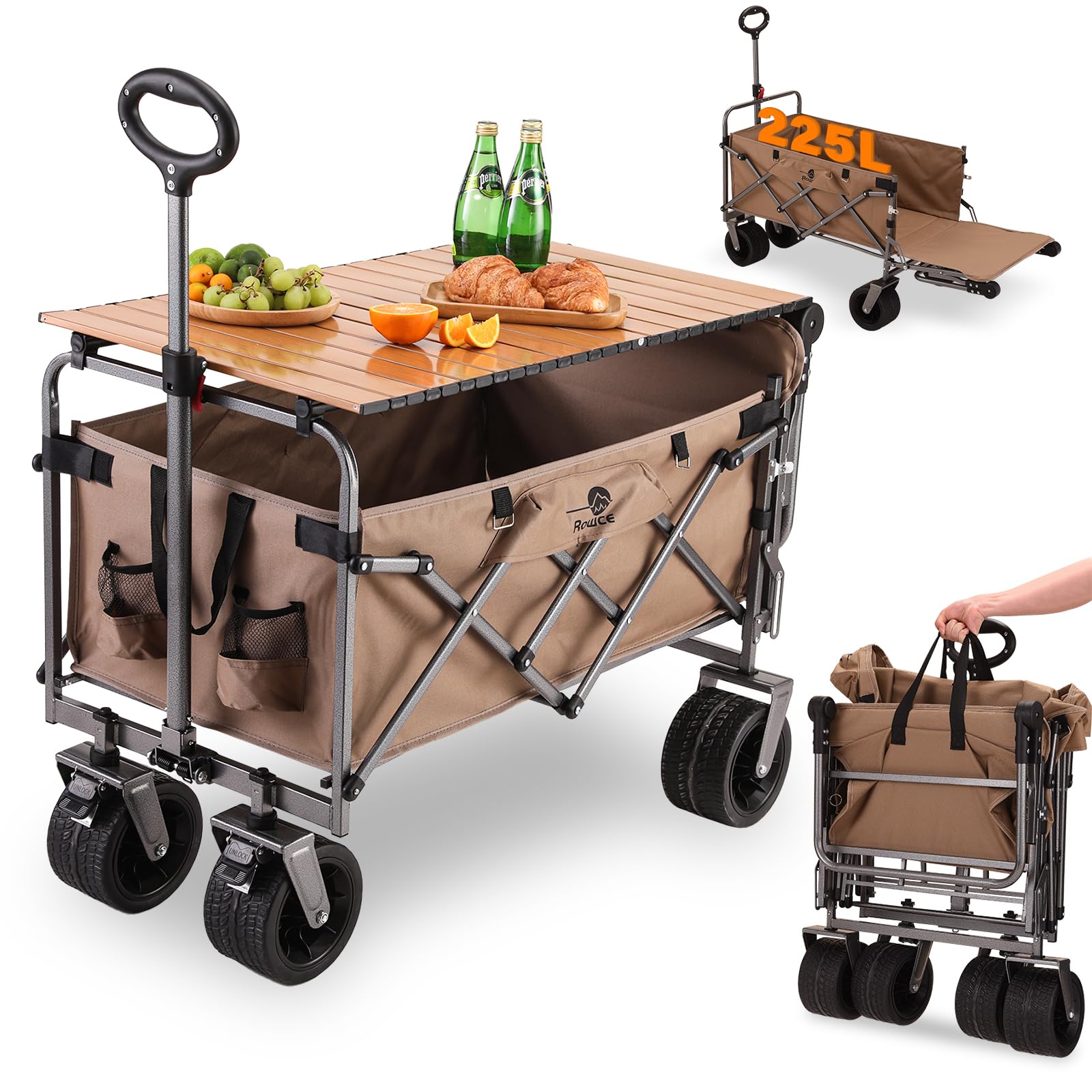Chariot de Plage Pliable avec Freins, Pousser & Tirer, Chariot à roulettes Transport avec Roues Extra Larges, Hayon Rabattable à Plat, Poignée Réglable, pour Tout Terrain