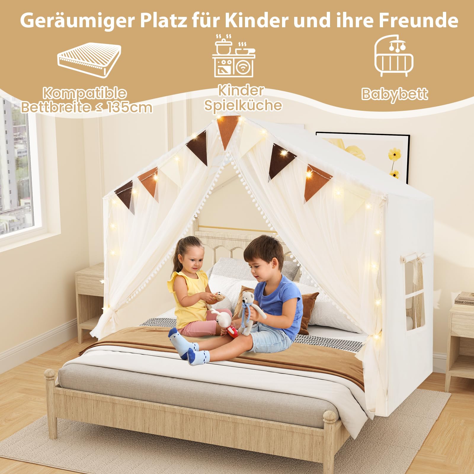 COSTWAY Spielhaus Kinder Indoor, Kinderzelt mit Matte und Lichtern, Spielzelt Kinder, Prinzessin Kinderspielhaus, Kinderzimmer Dekor Zelt für Jungen und Mädchen ab 3 Jahren (Beige)