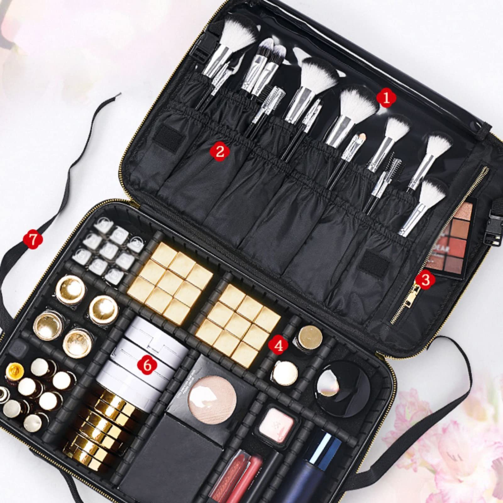 CKKNILV Makeup Bag Cosmetic Case Portable Travel Makeup Train Case Beauty Box, with Adjustable Compartments, Travel Makeup Bag Makeup Brush Bag, Electroplated Metal Zip,Black Co