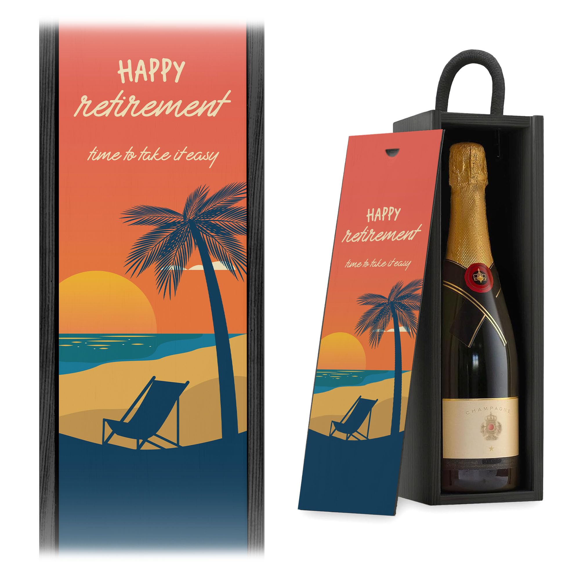 Happy Retirement Beach Champagne Wine Gift Box Retirement Gift For Her For Him Colleague Gift Funny Wine Lover Gift Box (Black Box)
