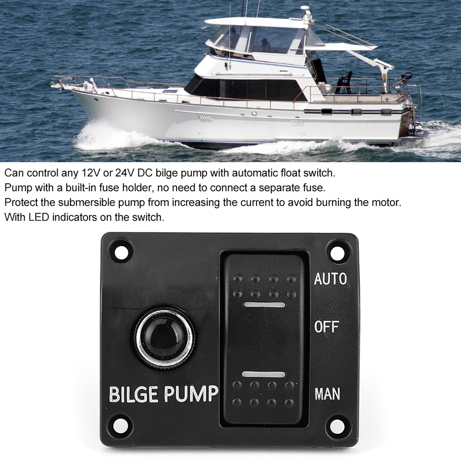 Panel de Interruptores Bomba Achique, Interruptor con Indicador LED Achique-Interruptor 3Vías 12V 24V Hilo Protección Inversa Polaridad Basculante para Barco Accesorio Yate Accesorios Marinos