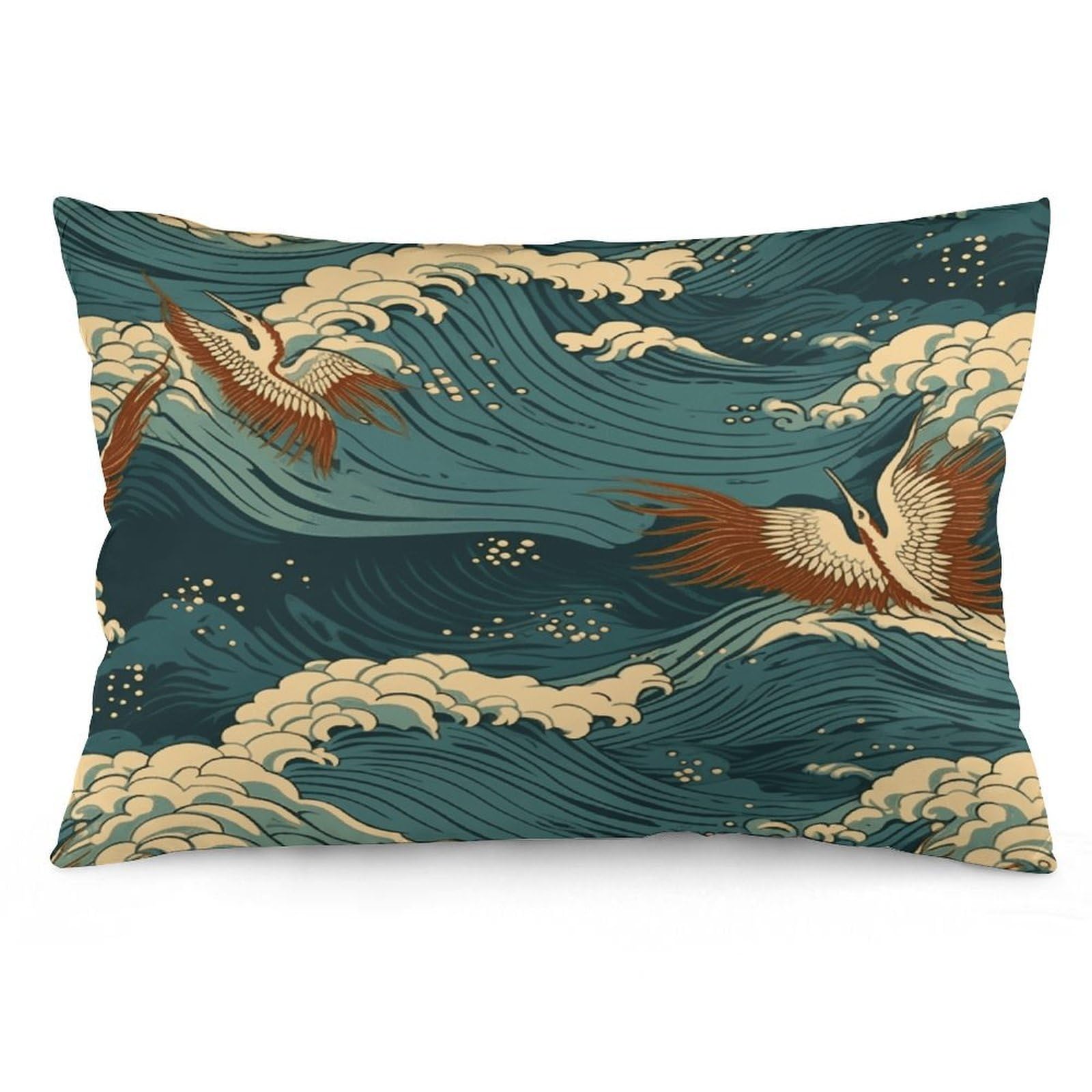 FekiLoot Japan Wave Wallpapers Pillowcases Super Soft Cozy Lumbar Decorative Throw Pillow Covers Plush Pillow Shams with Zipper Double-Sided Decorative Pillows Shells for All Seasons