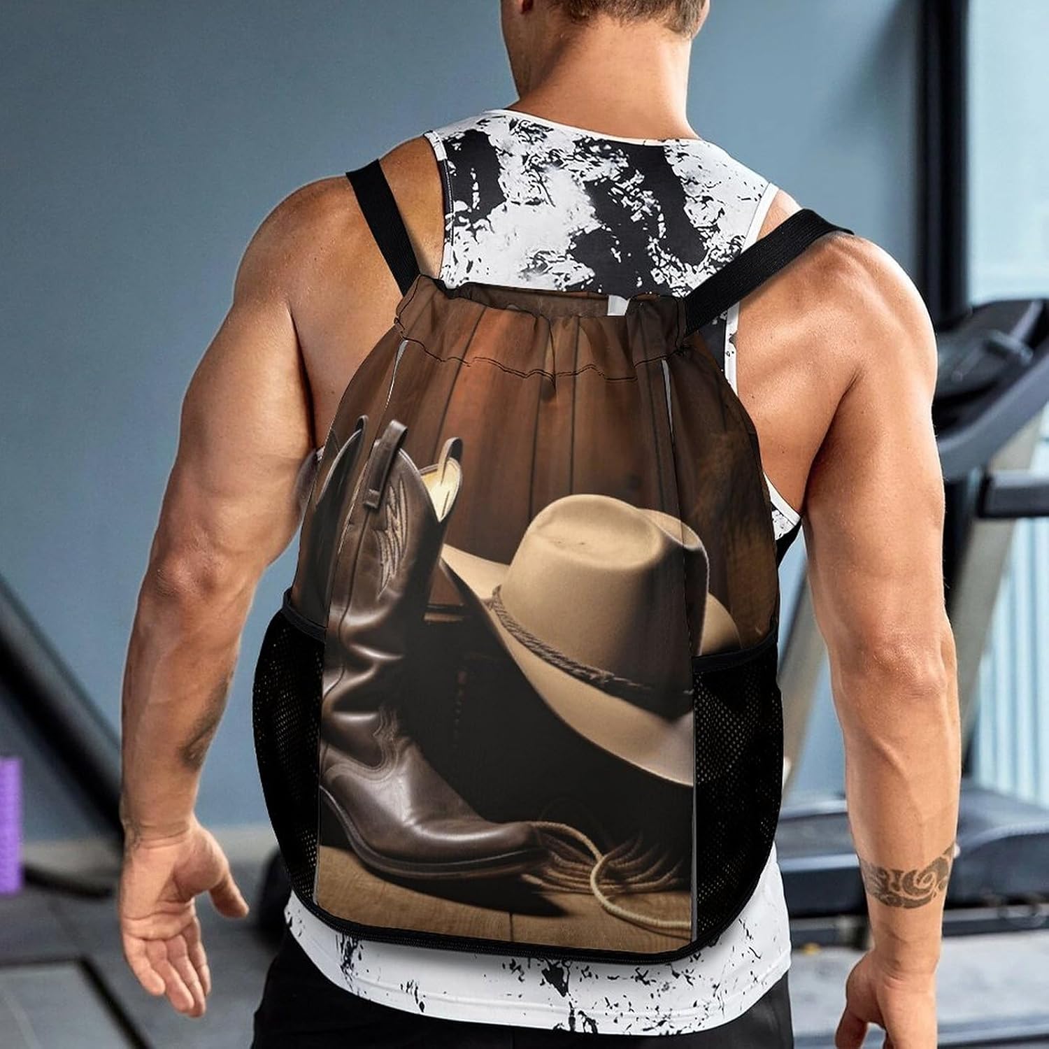 Sports Drawstring Backpack Cowboy Black Hat Western Boots Lightweight Backpack Dry And Wet Separation Large Capacity
