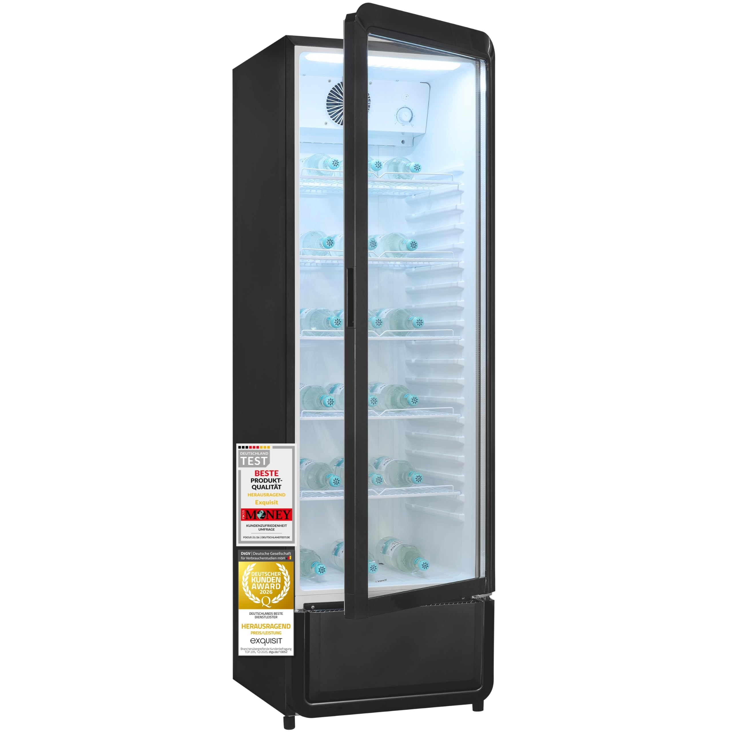 Exquisit Getränkekühlschrank 280 l Gastro Kühlschrank mit Glastür Umluft-Kühlung LED-Beleuchtung 5 verstellbare Ablagen Schwarz